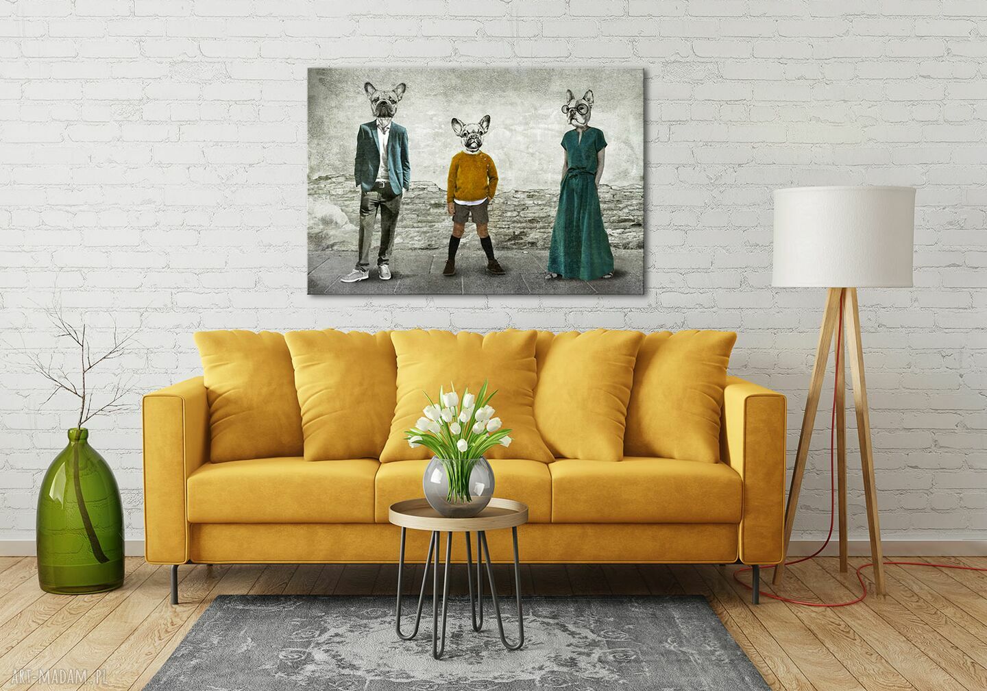 Obraz na płótnie Rodzina buldogów z synem 120x80 cm
