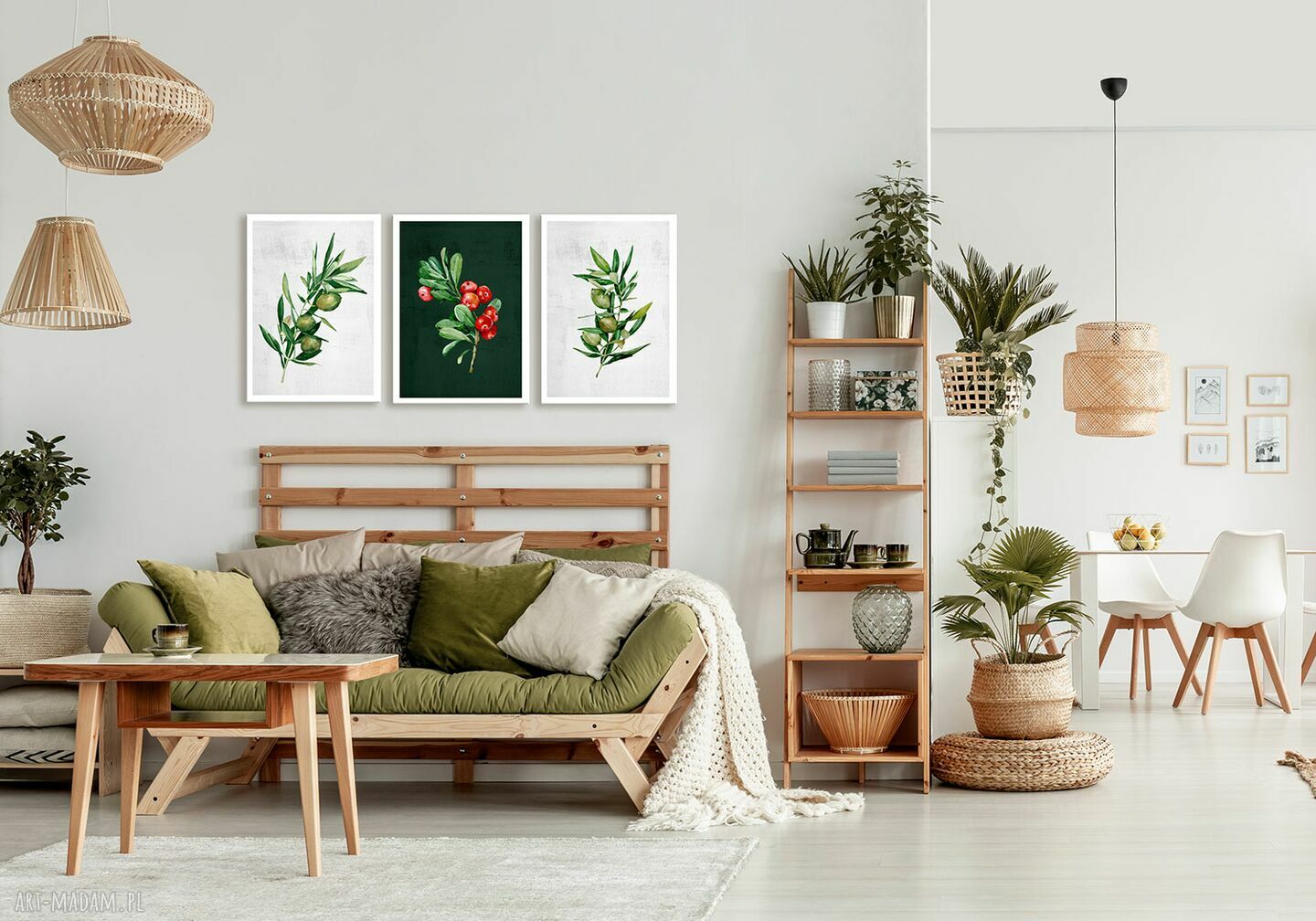 Akwarelowe roślinki - Tryptyk na płótnie 3x40x60 cm (łącznie 120x60 cm)