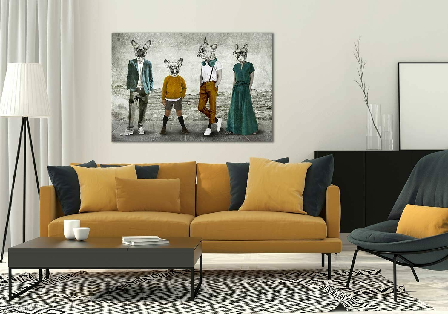 Obraz drukowany na płótnie - Rodzina buldogów z synami 120x80 cm