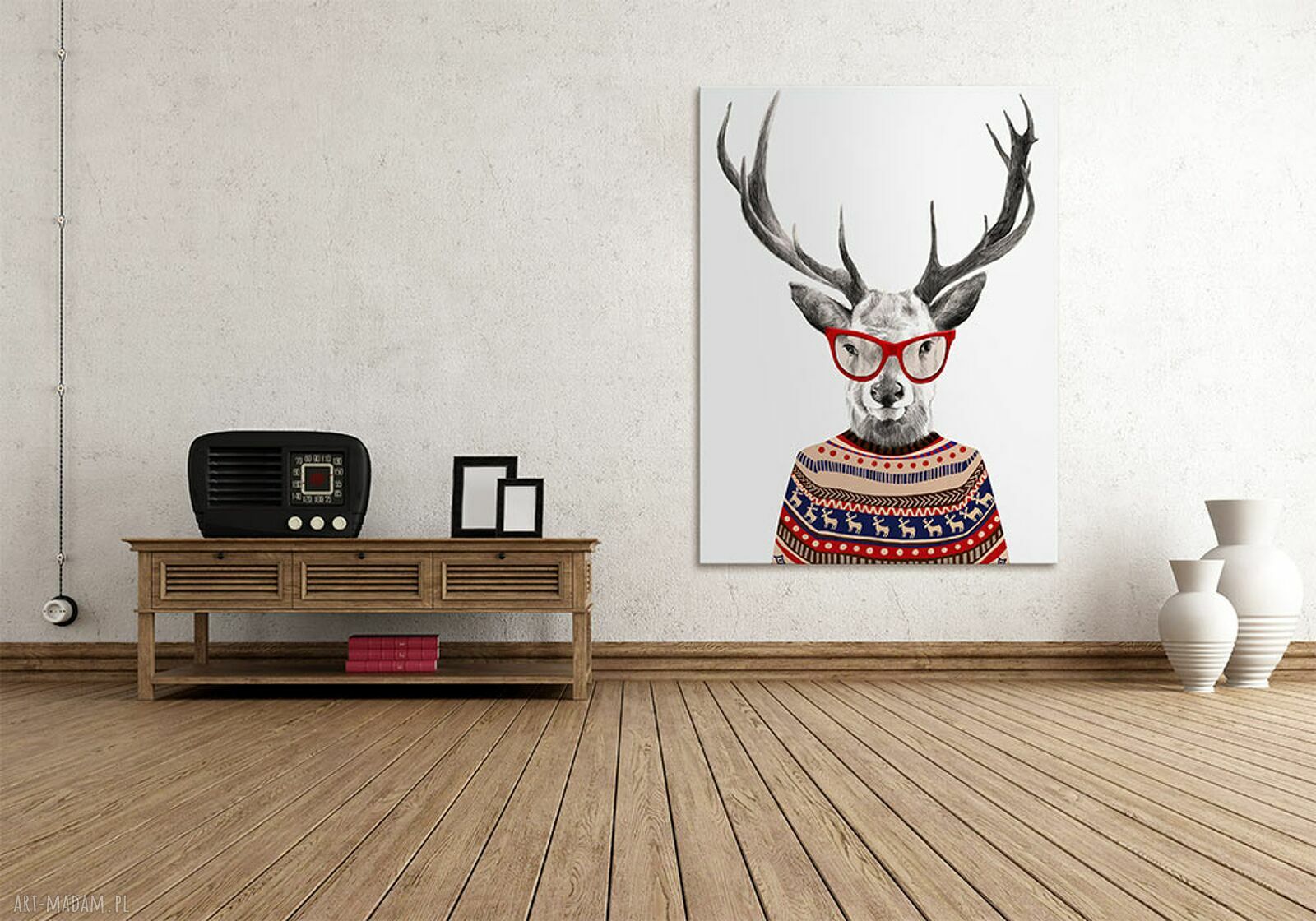 Obraz drukowany na płótnie - Jeleń w czerwonych okularach i świątecznym swetrze 60x80 cm