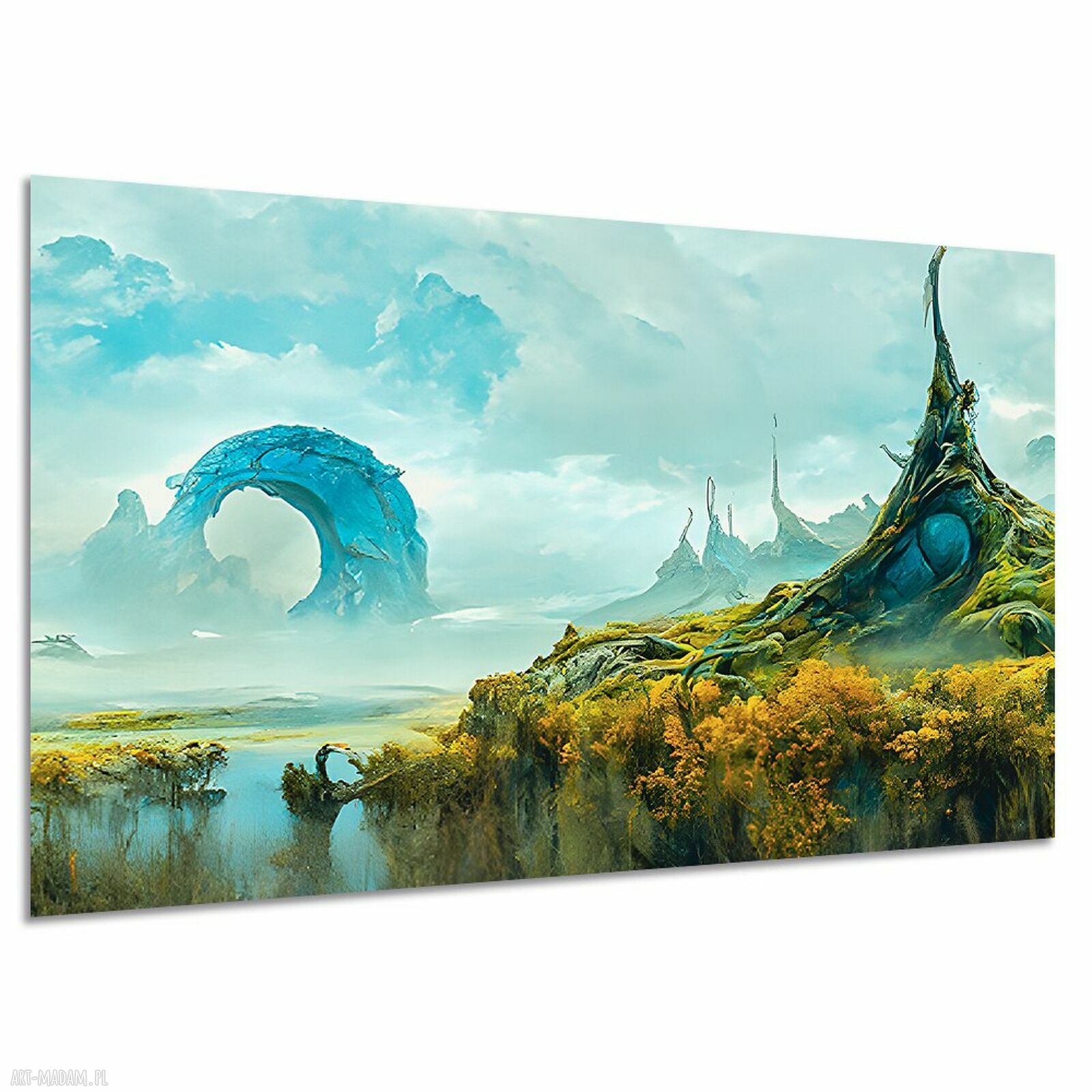 Obraz fantasy na płótnie 120x80 cm - turkusowy łuk i surrealistyczny krajobraz