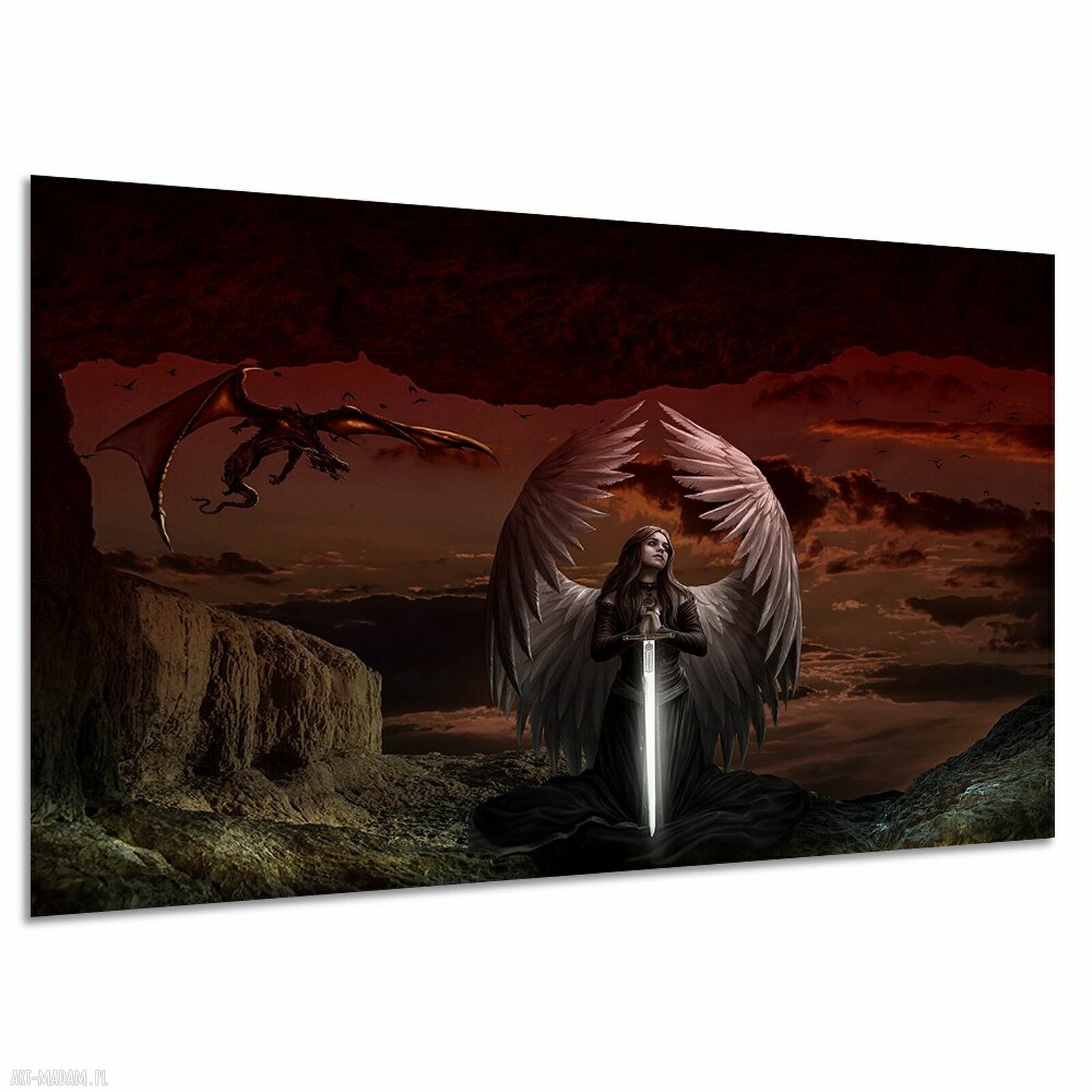 Czerwony obraz fantasy ze smokiem i gotyckim aniołem 120x80 cm