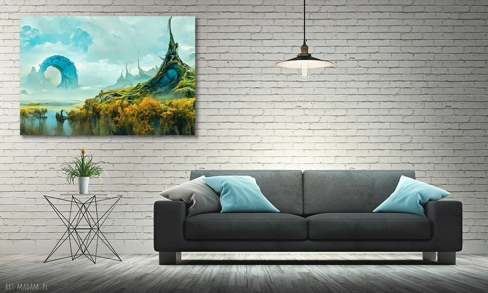 Obraz fantasy na płótnie 120x80 cm - turkusowy łuk i surrealistyczny krajobraz