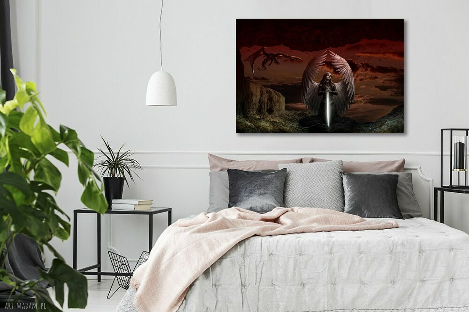 Czerwony obraz fantasy ze smokiem i gotyckim aniołem 120x80 cm