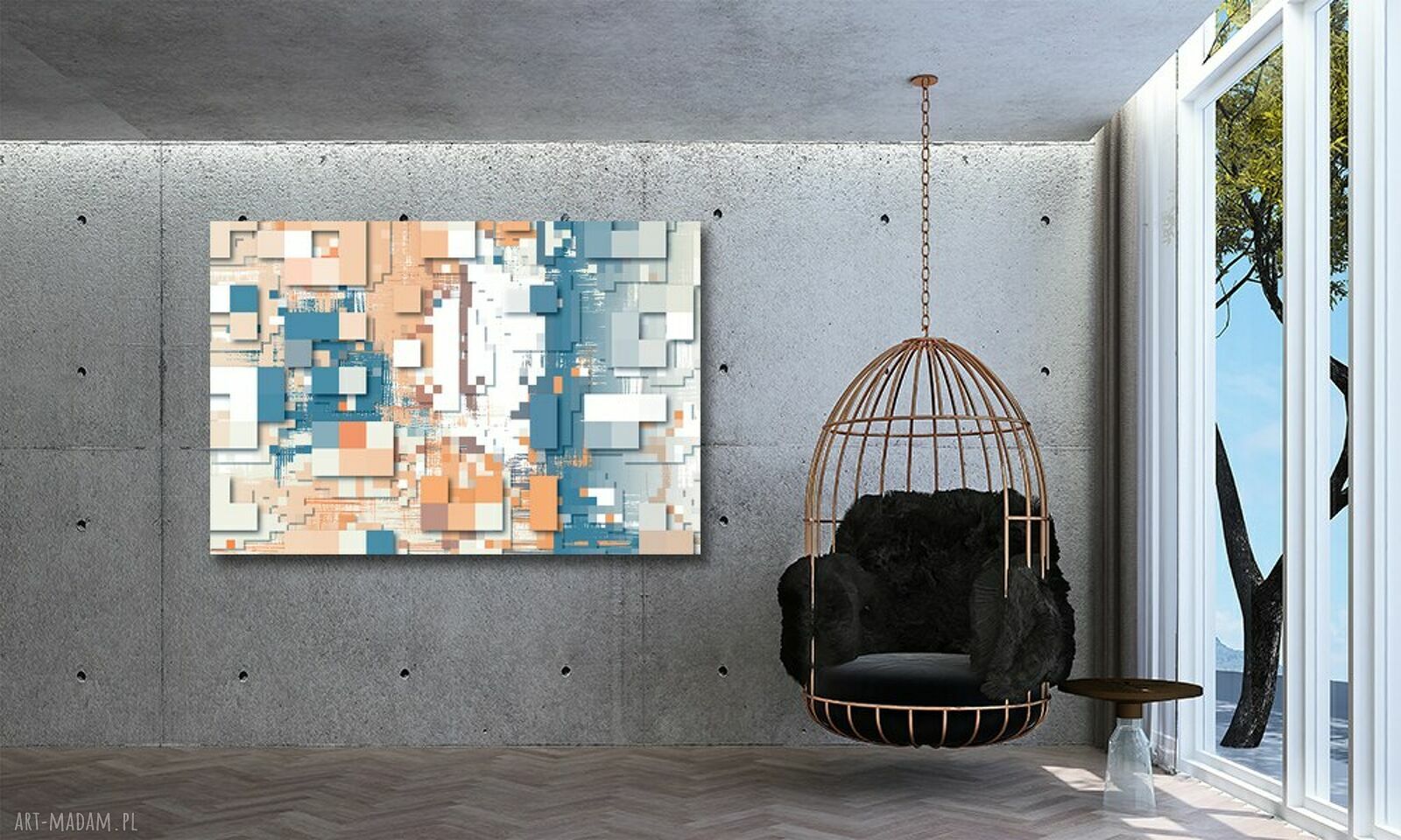 Obraz geometryczny ABSTRAKCJA 59 pixele 120x80 na płótnie premium - turkus, biel i beż, gotowy do zawieszenia