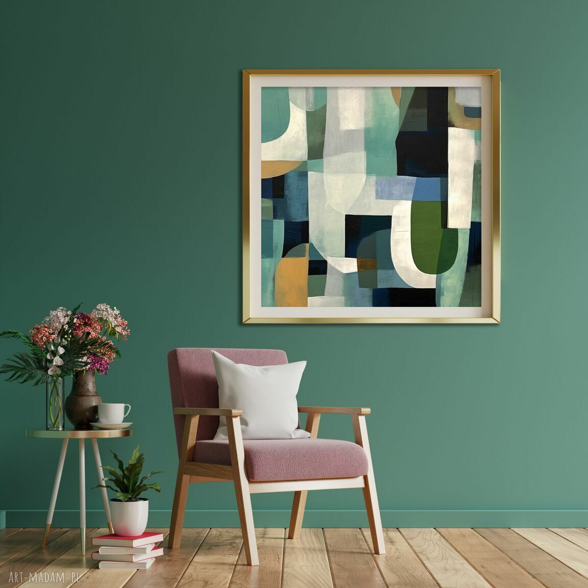 Geometryczny obraz abstrakcyjny 70x70 - zielony plakat do salonu