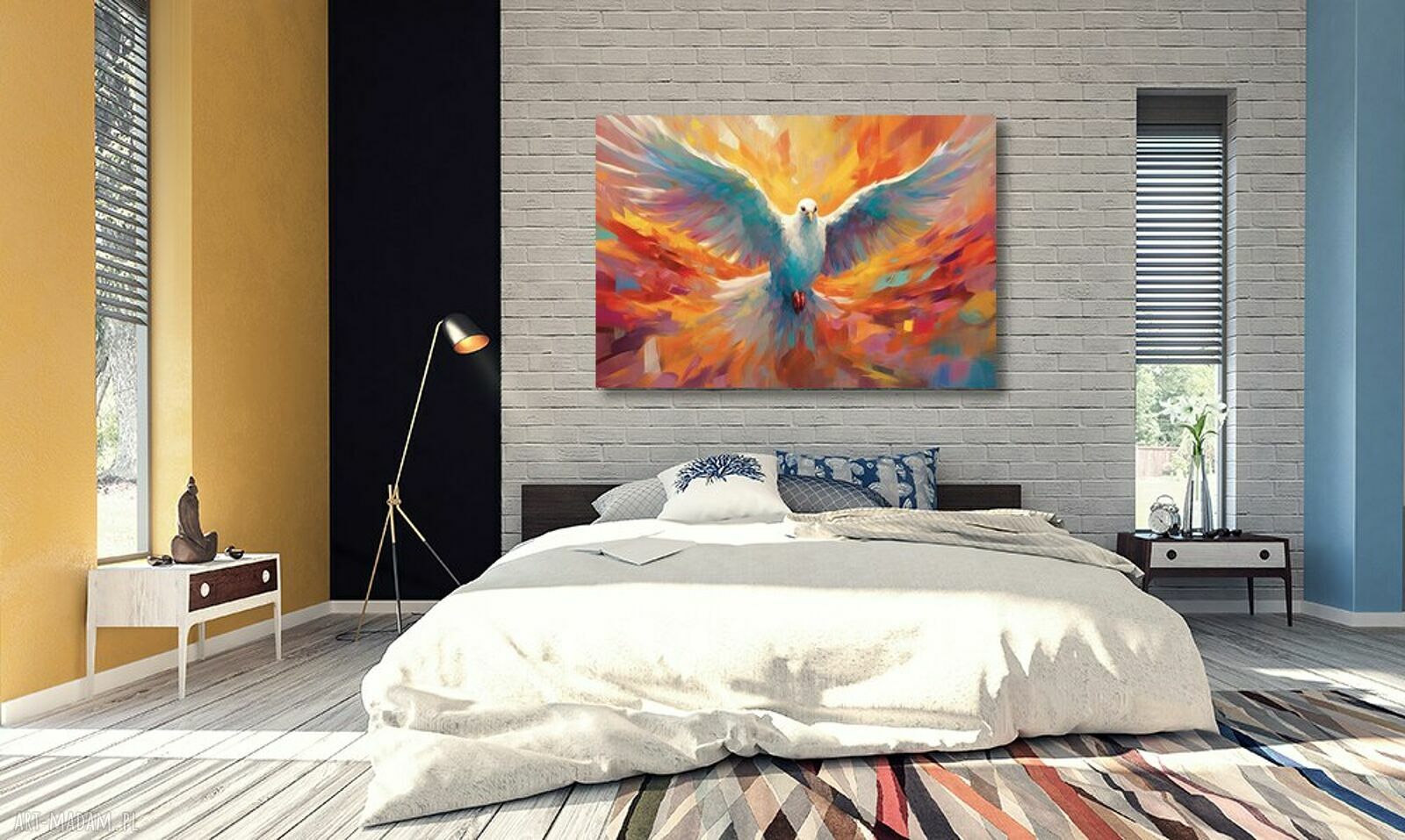 Kolorowy obraz gołębia na płótnie 120x80 cm