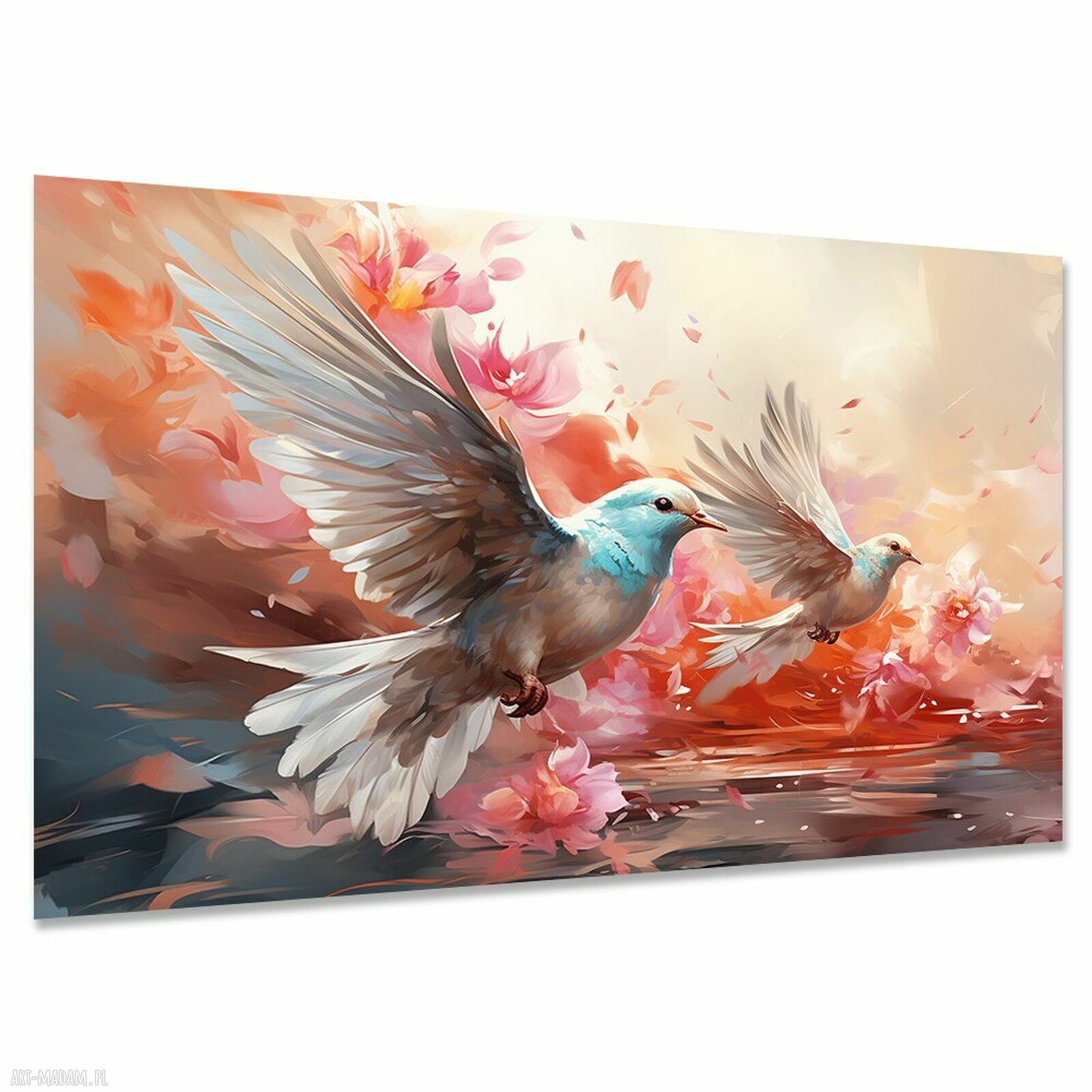 Romantyczny obraz na płótnie Gołębie w locie wśród kwiatów 120x80 cm