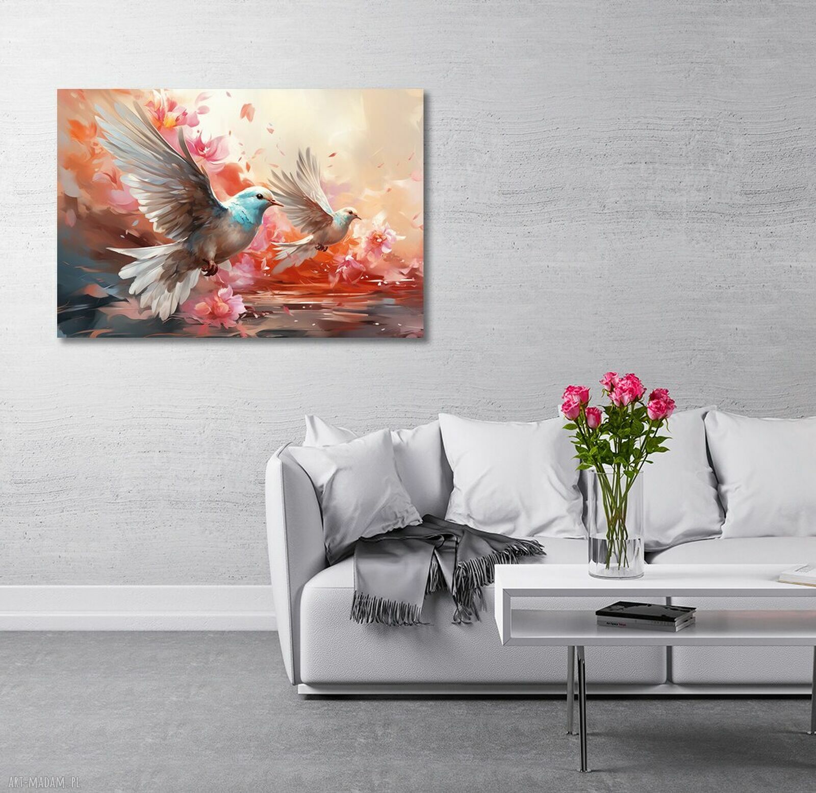 Romantyczny obraz na płótnie Gołębie w locie wśród kwiatów 120x80 cm