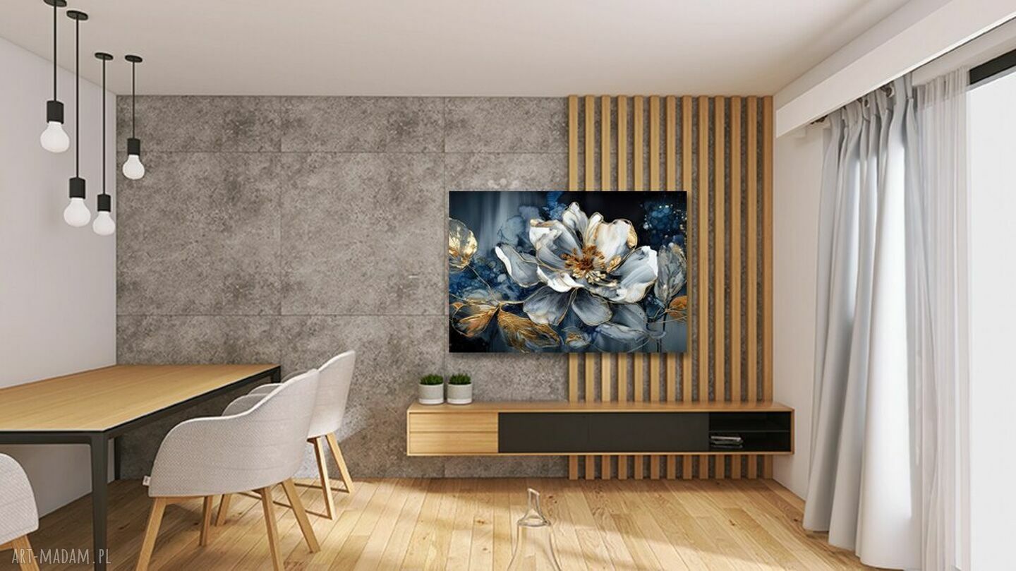 Obraz granatowy KWIAT 57 gold 120x80 - glamour premium