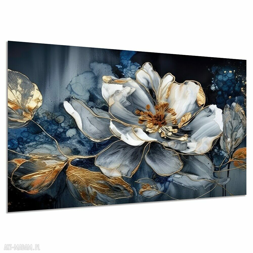 Obraz granatowy KWIAT 57 gold 120x80 - glamour premium