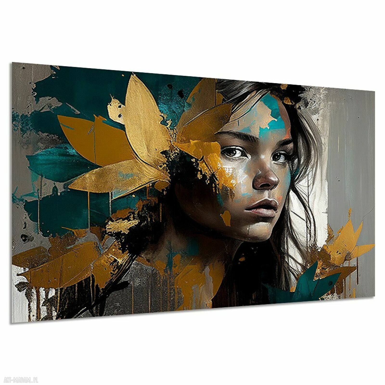 Obraz KOBIETA 43 - turkus, złote liście i styl glamour 120x80 cm