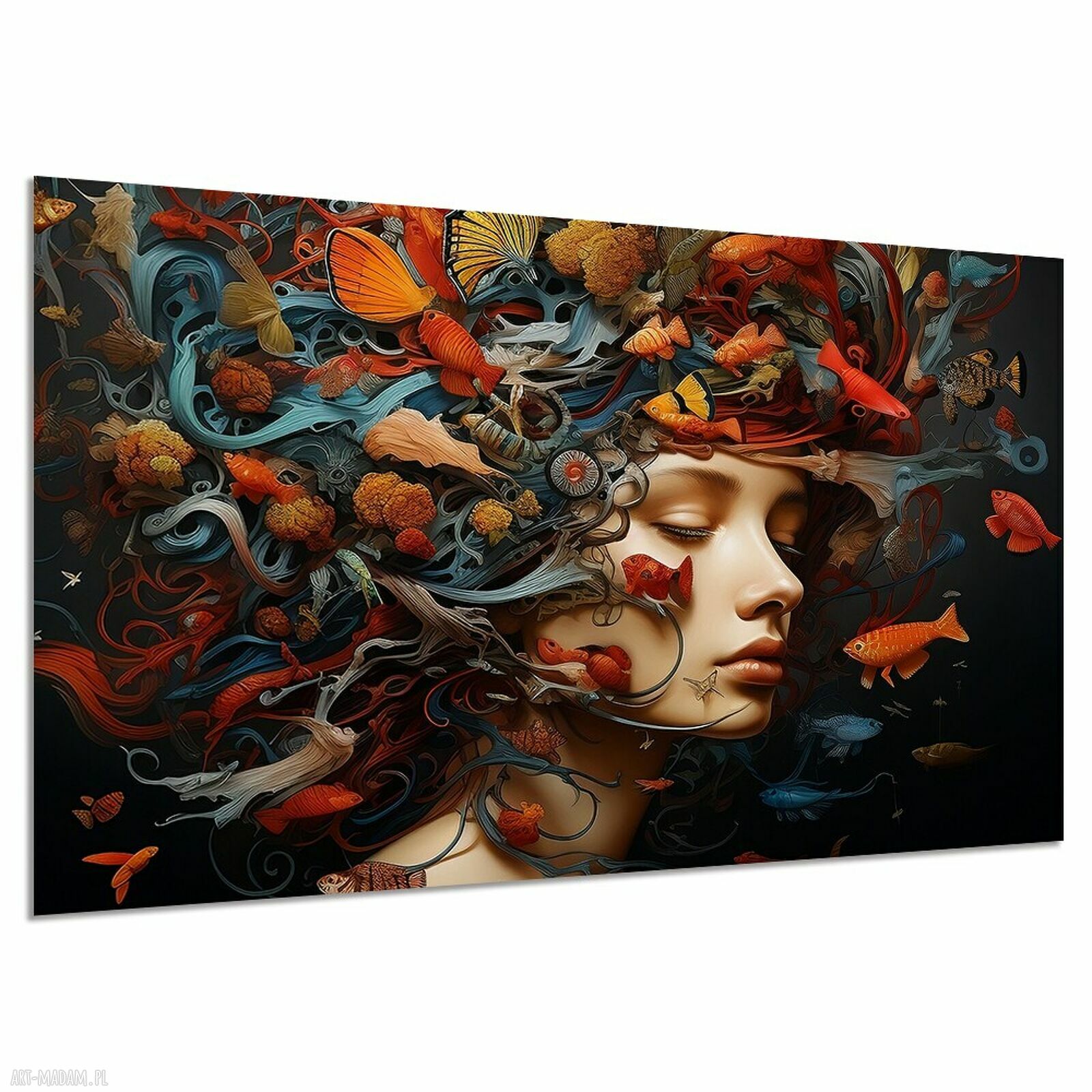 Obraz kobieta z rybami - surrealistyczna dekoracja na płótnie 120x80 cm