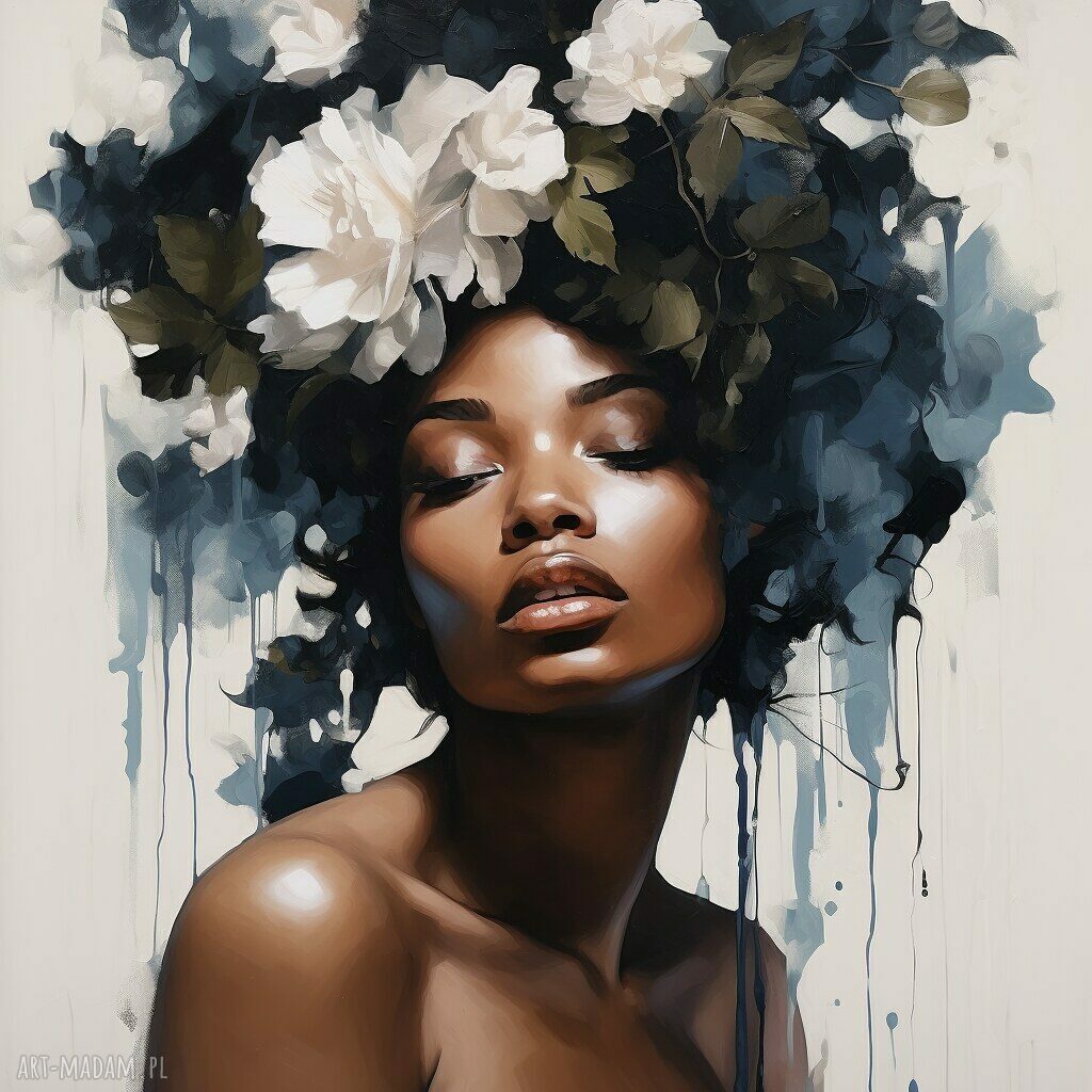 Nowoczesny obraz czarnoskóra kobieta z kwiatami we włosach - wydruk na płótnie 60x60 cm