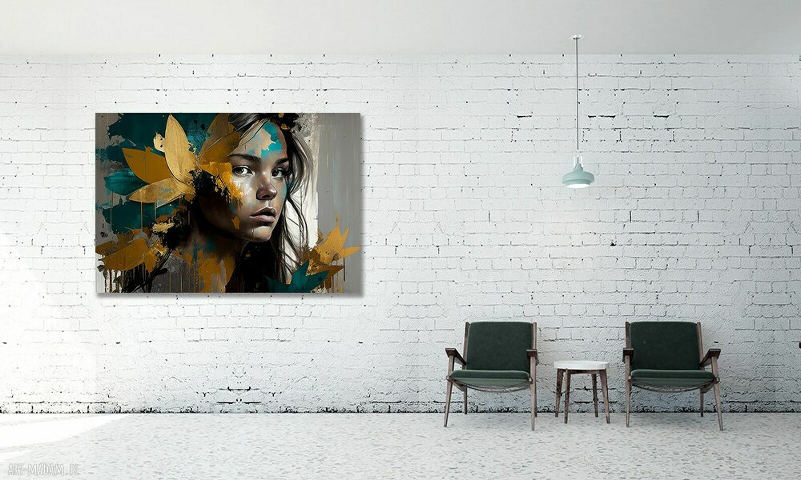 Obraz KOBIETA 43 - turkus, złote liście i styl glamour 120x80 cm