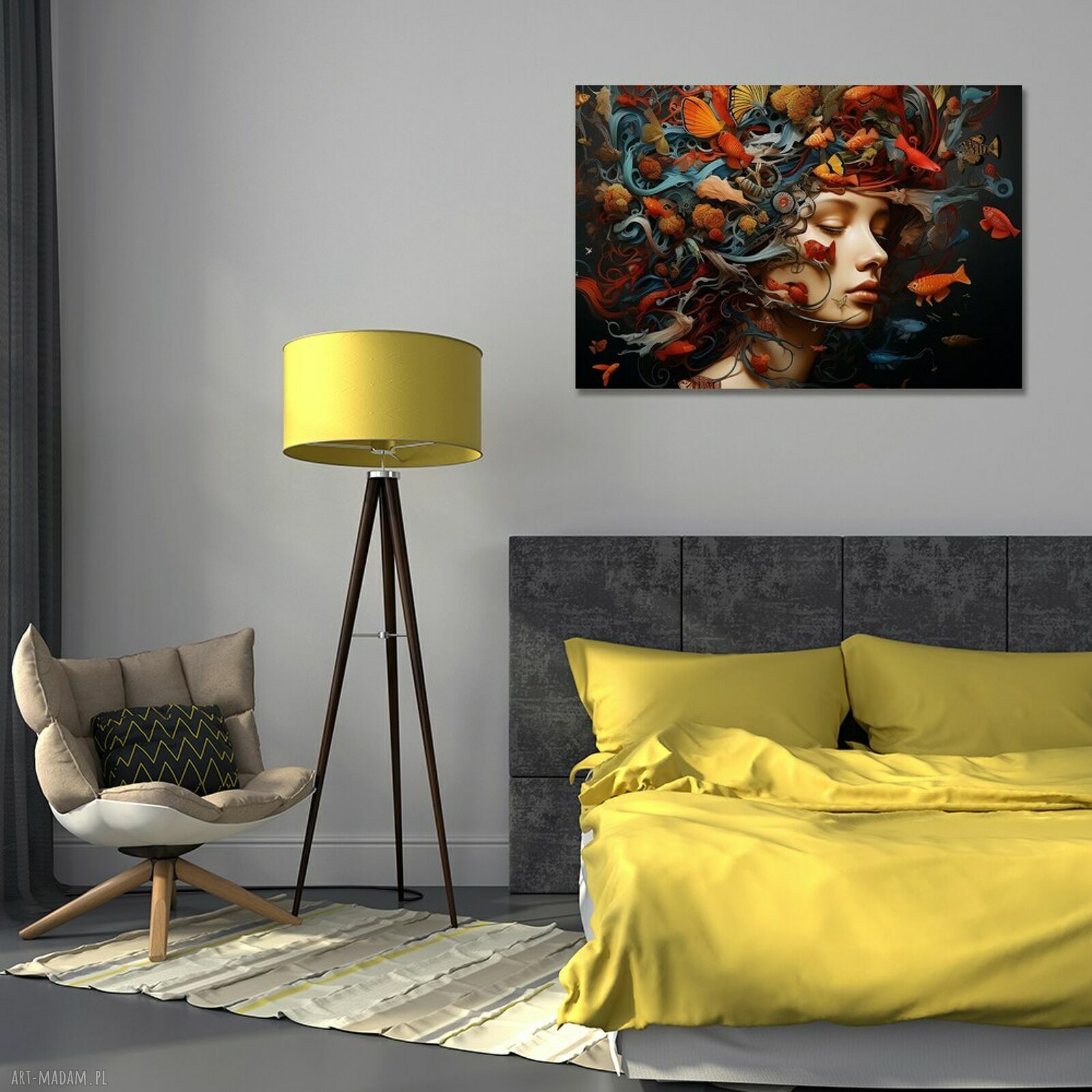 Obraz kobieta z rybami - surrealistyczna dekoracja na płótnie 120x80 cm