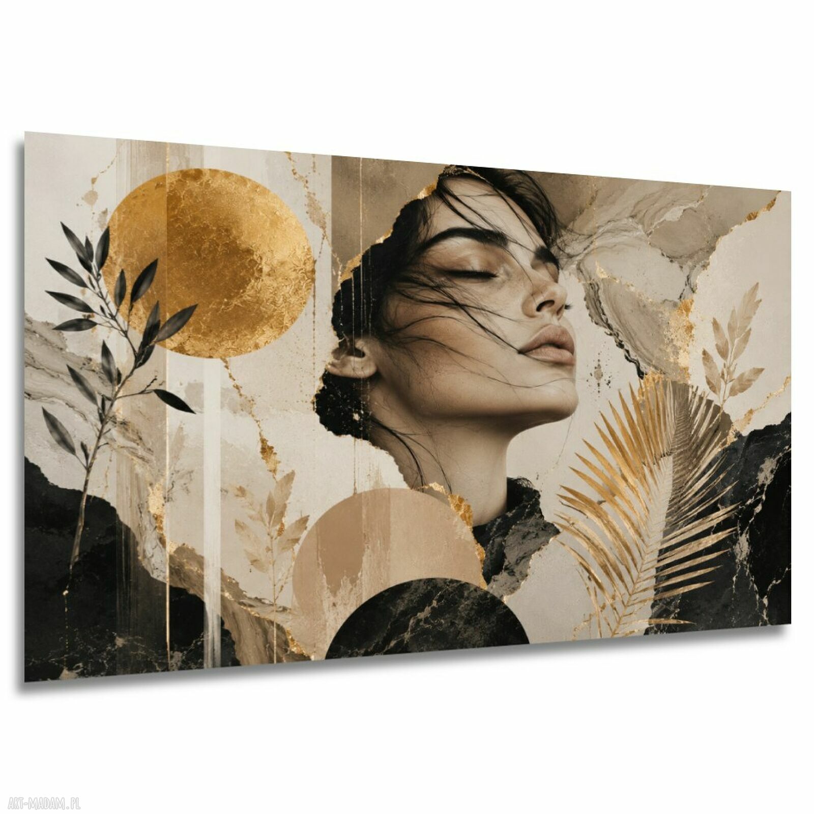 Obraz na płótnie KOLAŻ 1 - kobieta, liście i złote akcenty 120x80 cm