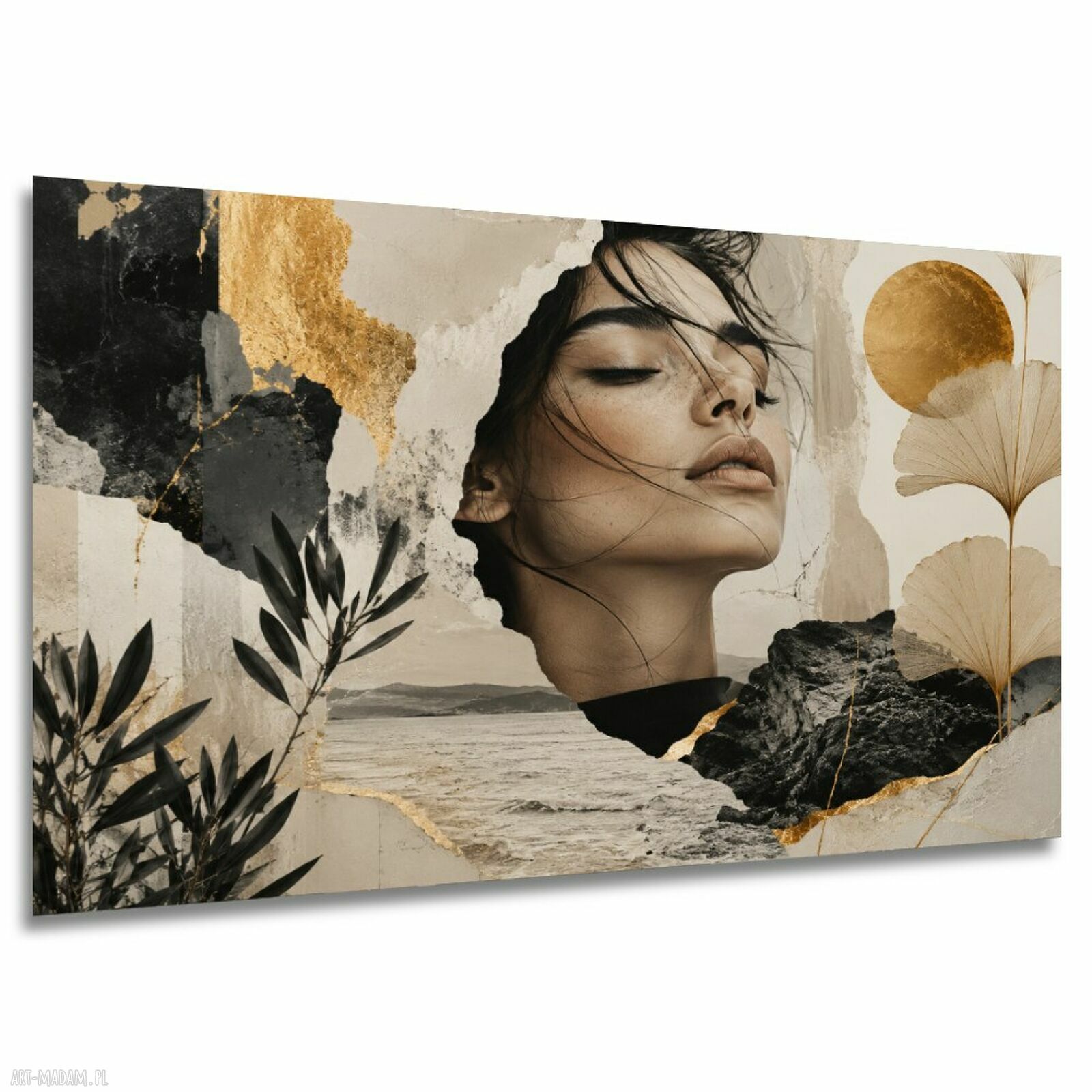 Obraz KOLAŻ 2 - kobieta, liście miłorzębu i złoto 120x80 cm