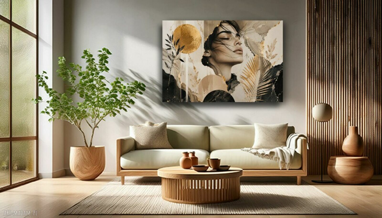 Obraz na płótnie KOLAŻ 1 - kobieta, liście i złote akcenty 120x80 cm