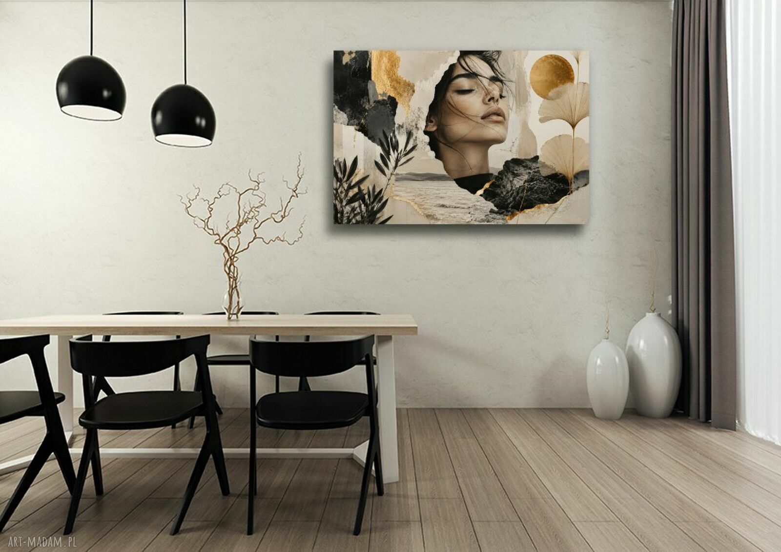 Obraz KOLAŻ 2 - kobieta, liście miłorzębu i złoto 120x80 cm