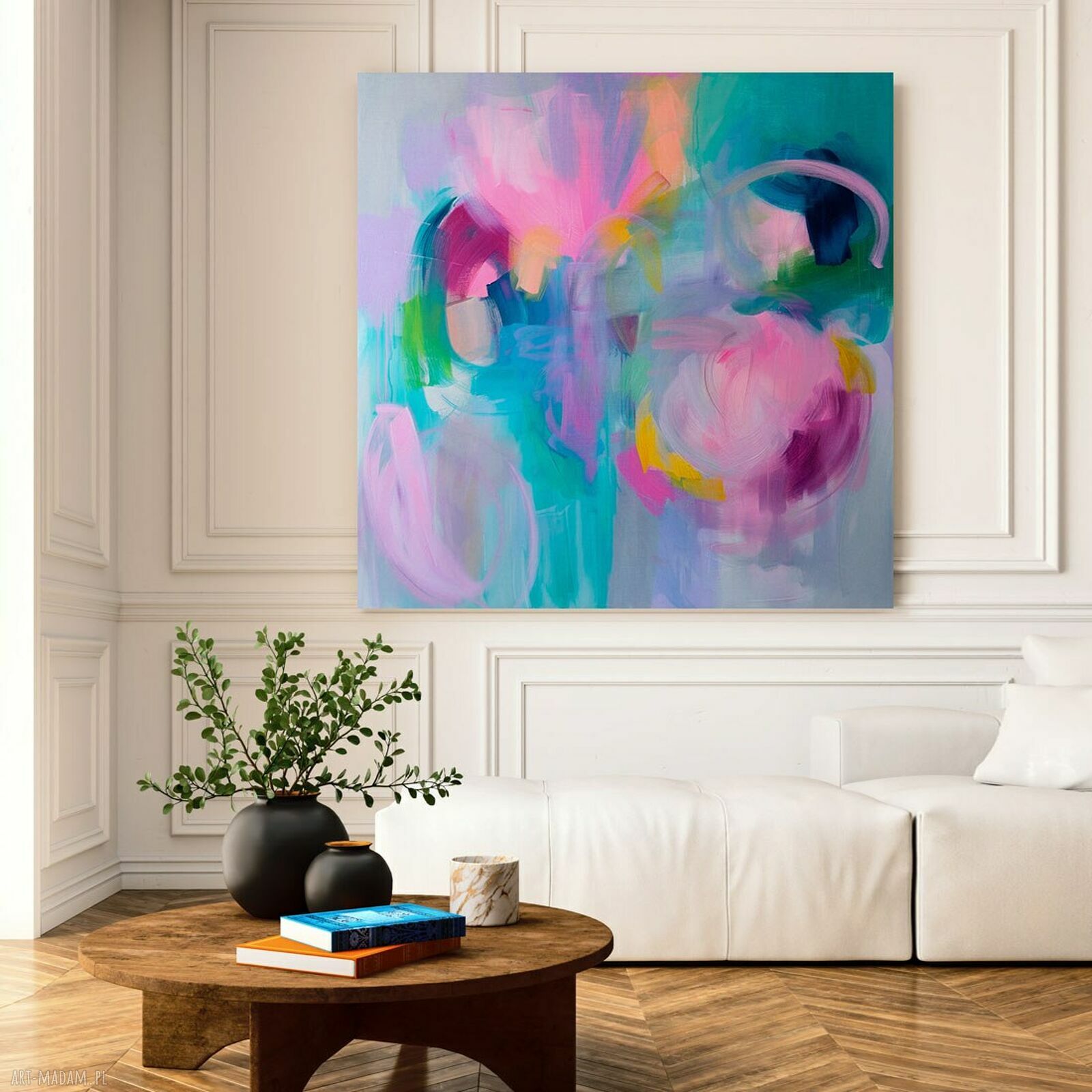 Kolorowa abstrakcja na płótnie 100x100 cm - modny obraz do salonu