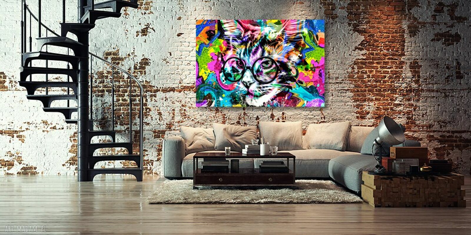 Obraz kolorowy KOT 10 w okularach 120x80 - nowoczesny pop art XXL