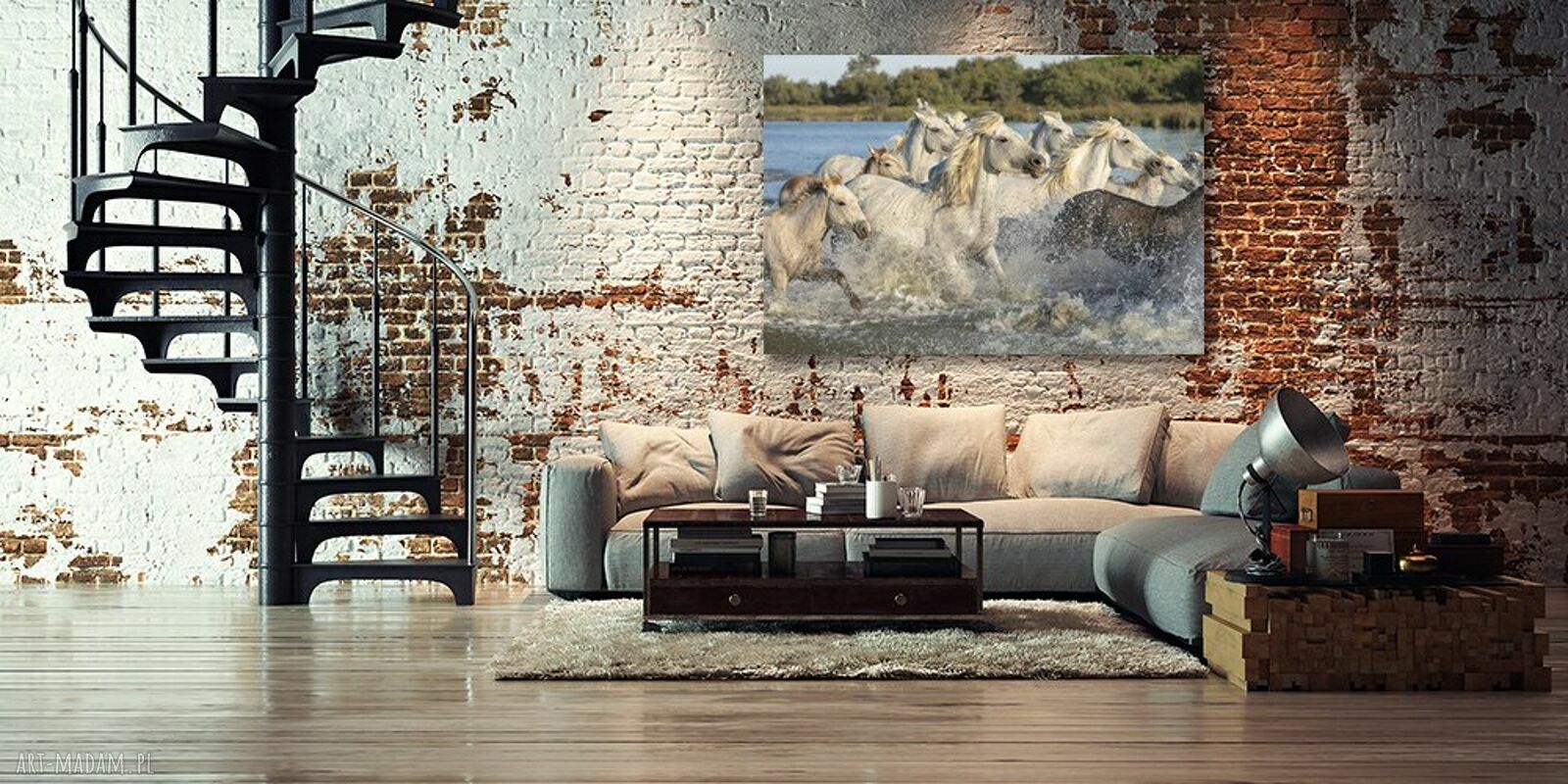 Obraz konie w galopie na płótnie 120x80 cm - biało-błękitna dekoracja