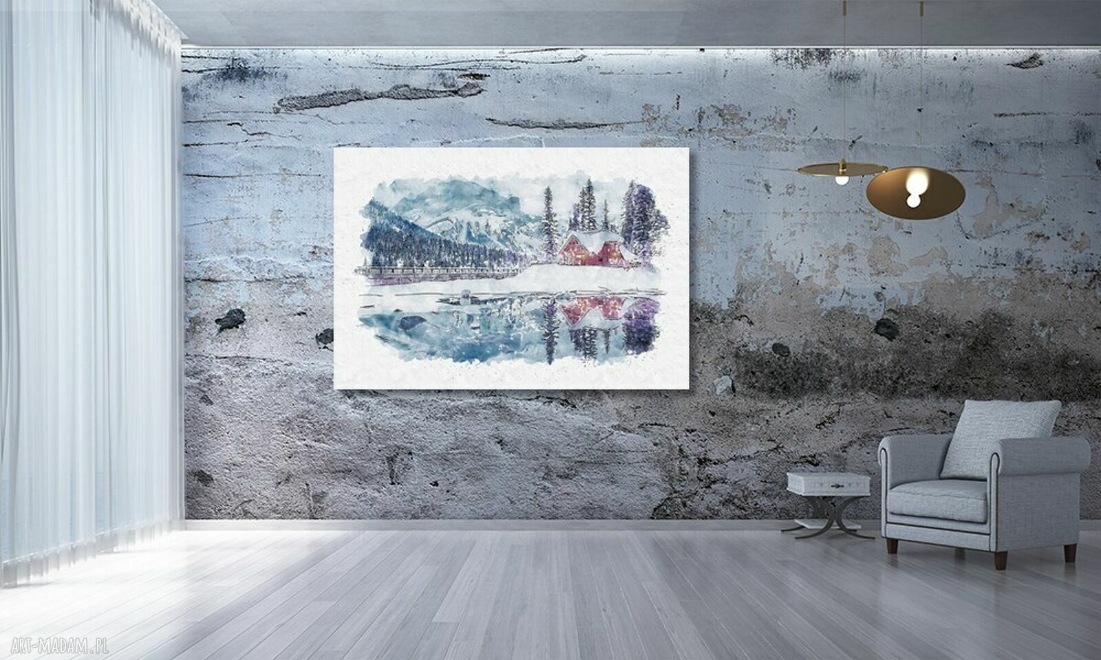 Obraz na płótnie WIDOK 65 - góry i zimowy domek 120x80 cm