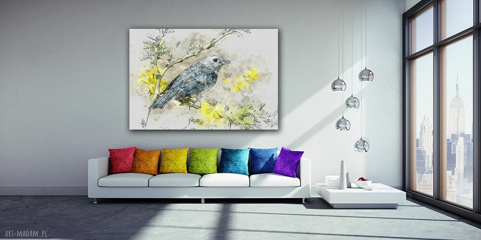 Szary obraz na płótnie z ptakiem i gałązką 120x80 cm