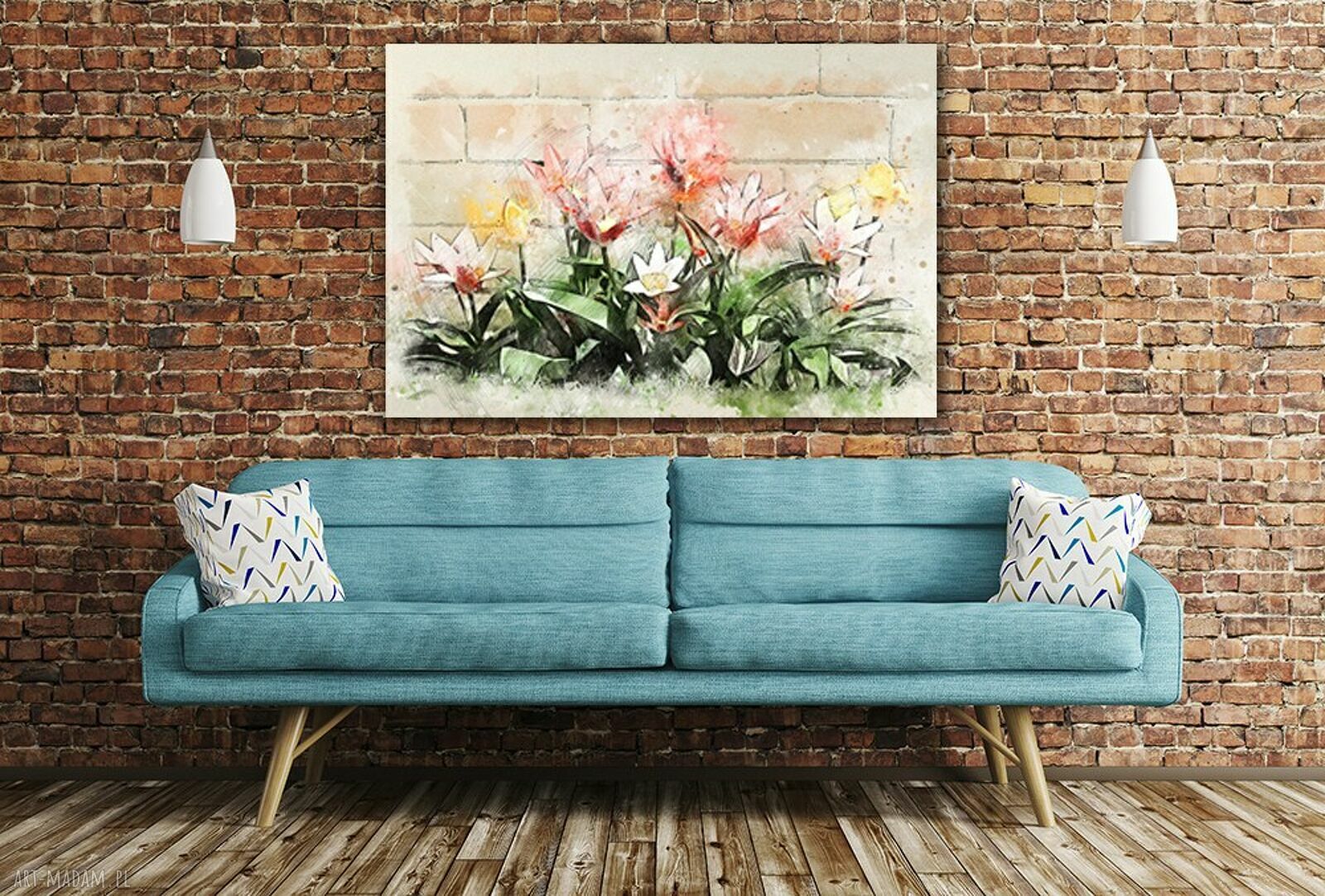 Obraz na płótnie z tulipanami na tle ceglanego muru 120x80 cm