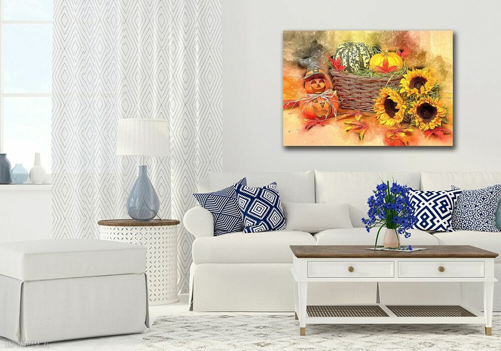 Obraz na płótnie - dynia i słoneczniki, jesienna dekoracja 120x80 cm