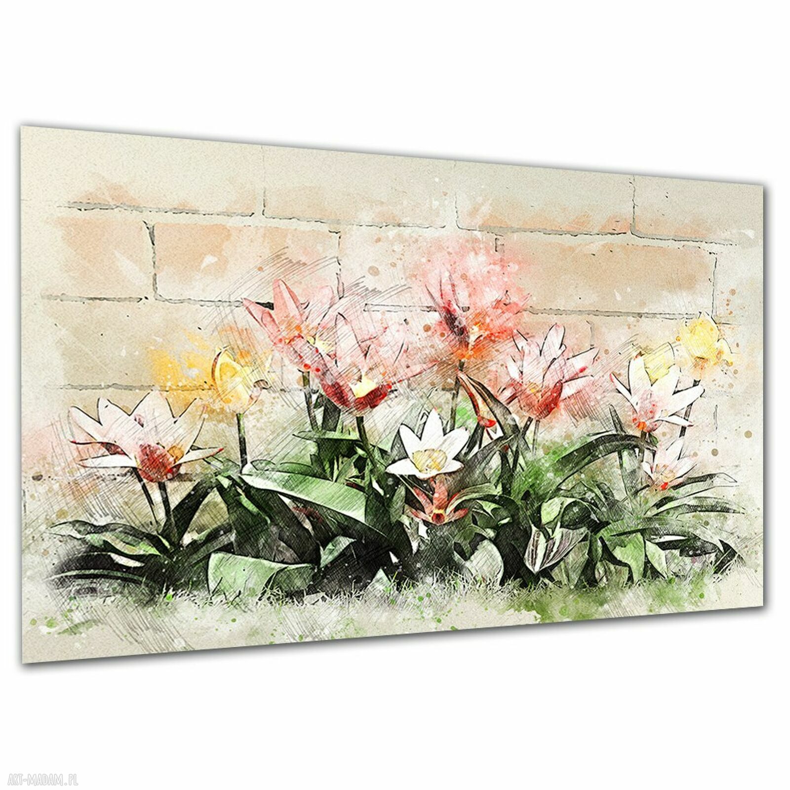 Obraz na płótnie z tulipanami na tle ceglanego muru 120x80 cm