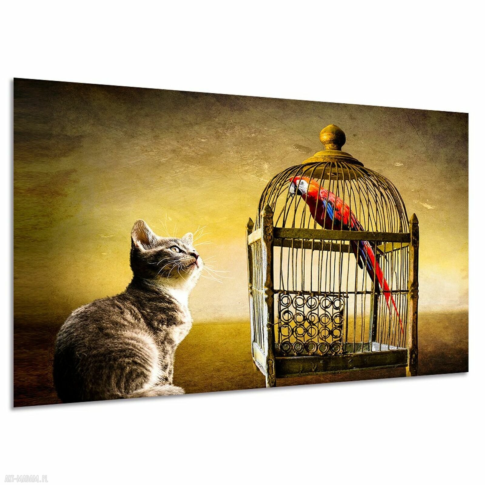 Obraz na płótnie kot i papuga w klatce 120x80 cm