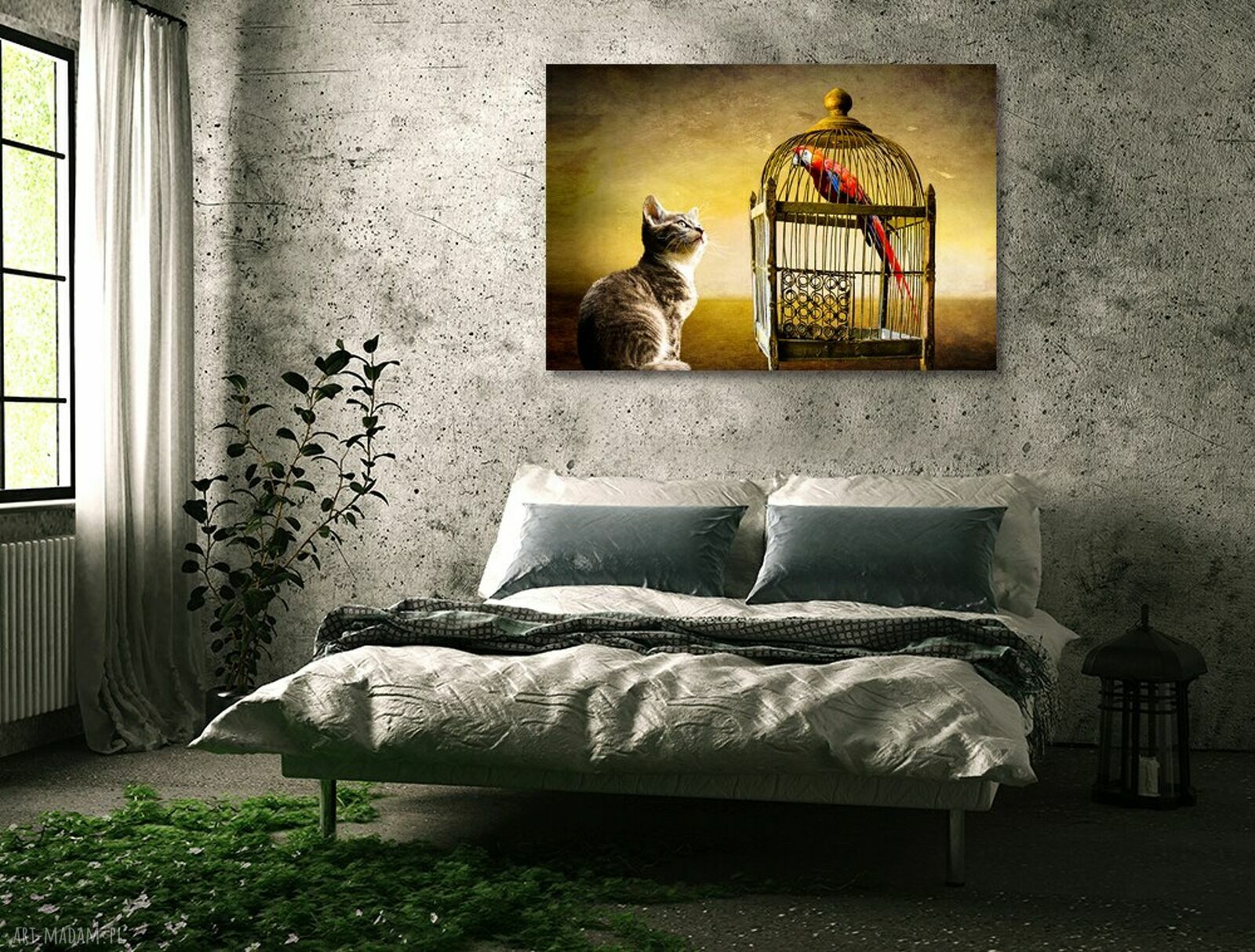 Obraz na płótnie kot i papuga w klatce 120x80 cm