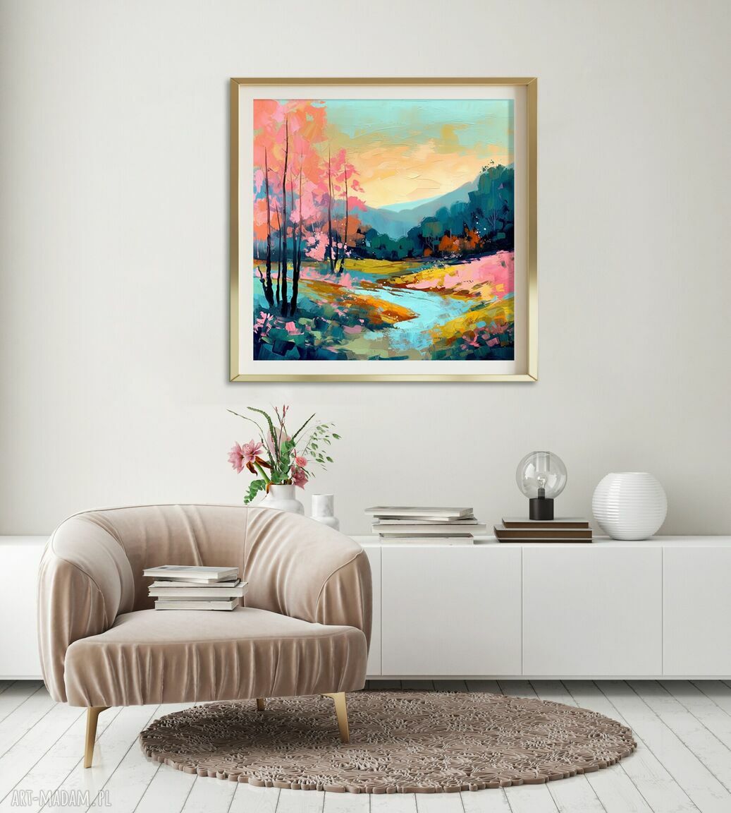 Obraz krajobraz z rzeką 50x50 cm - polana i rzeka, jesienny wydruk artystyczny