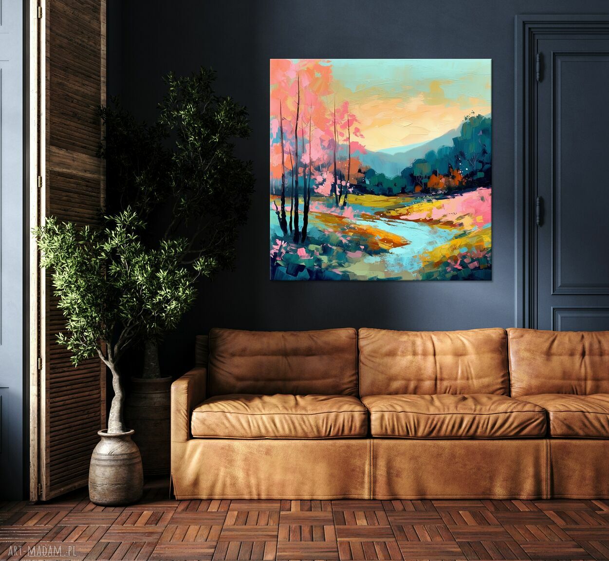 Obraz krajobraz z rzeką 50x50 cm - polana i rzeka, jesienny wydruk artystyczny