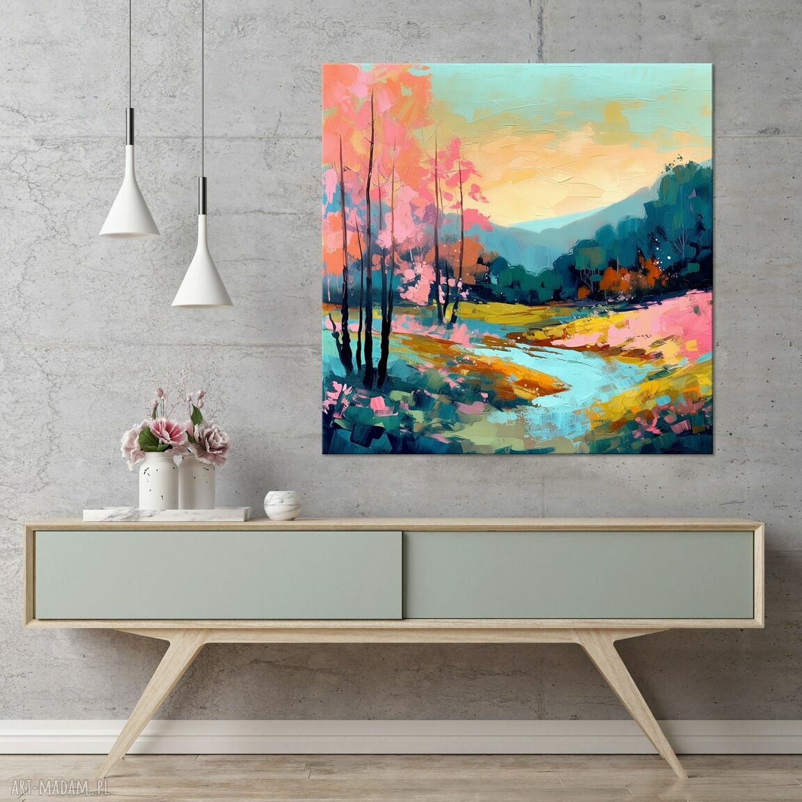 Obraz krajobraz z rzeką 50x50 cm - polana i rzeka, jesienny wydruk artystyczny