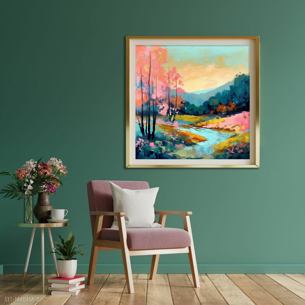Obraz krajobraz z rzeką 50x50 cm - polana i rzeka, jesienny wydruk artystyczny