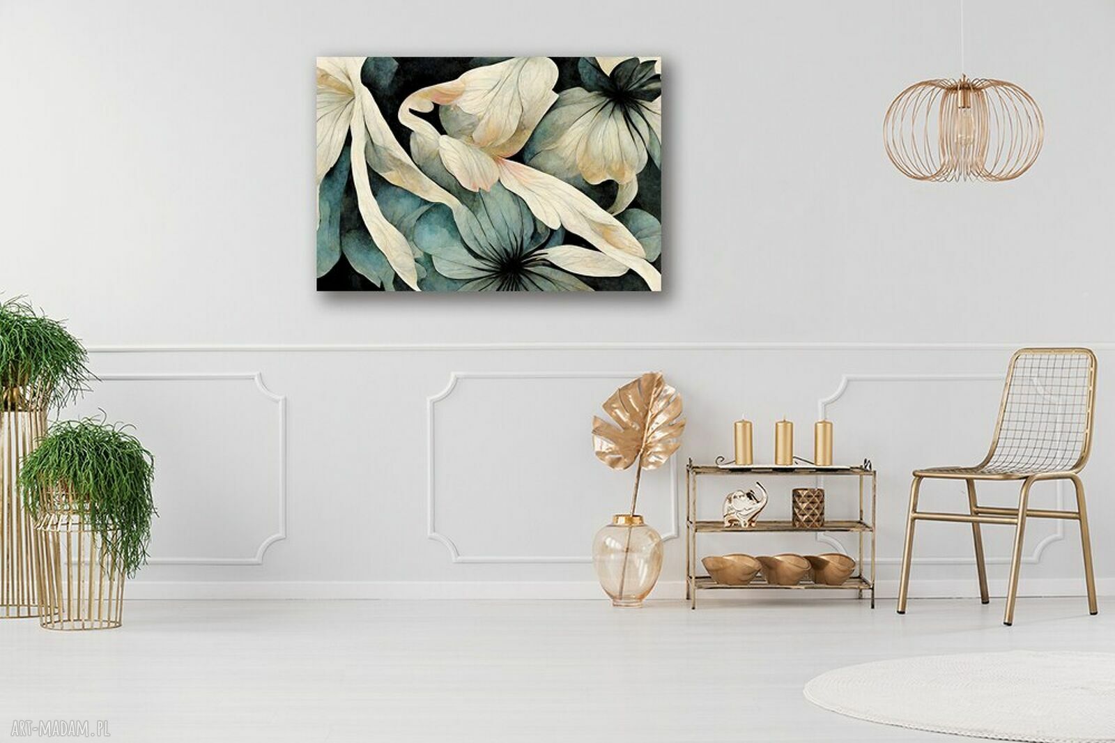Obraz kwiaty na płótnie w odcieniach beżu i szałwii 120x80 cm