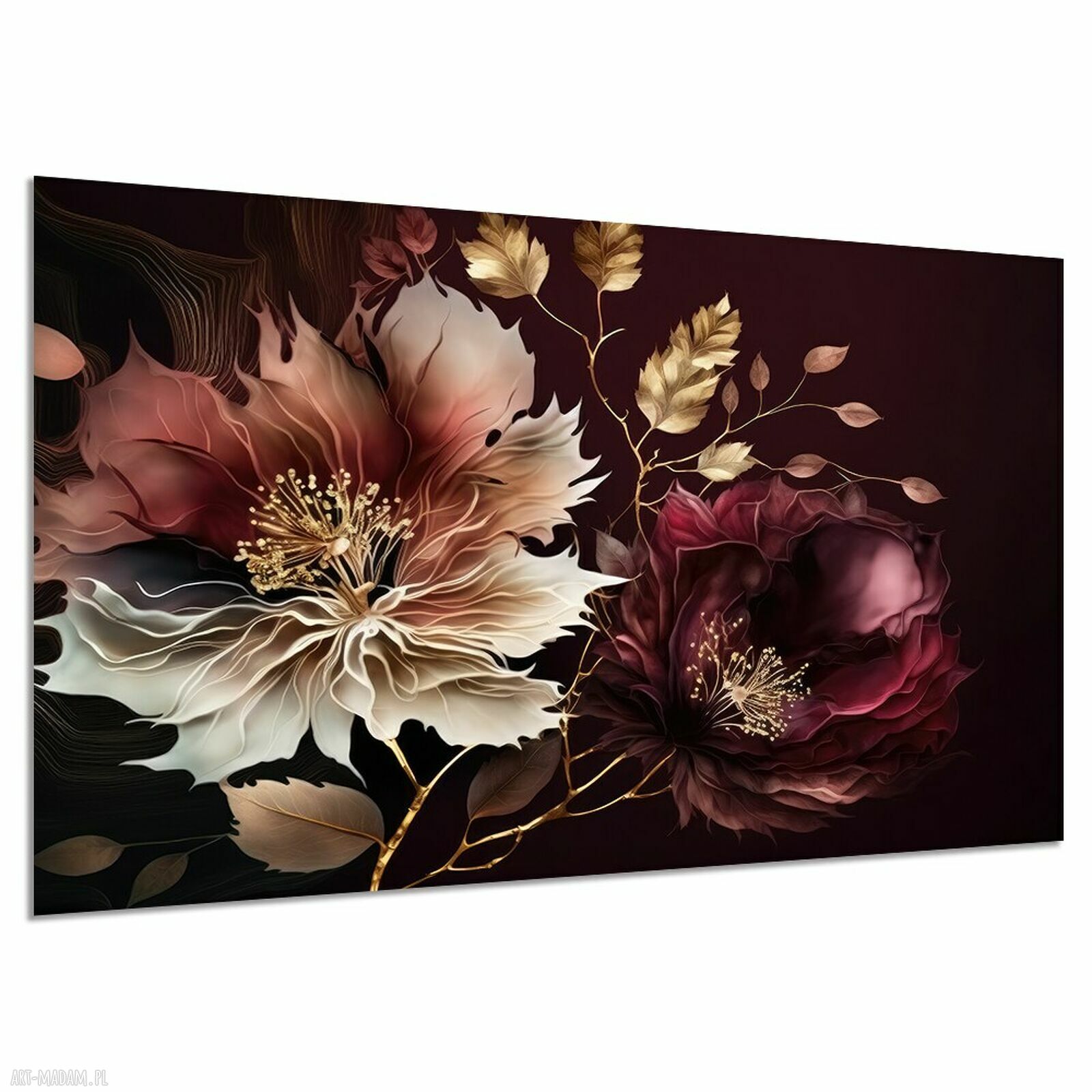 Obraz kwiaty glamour na płótnie 120x80 cm - burgund, biel i złote liście