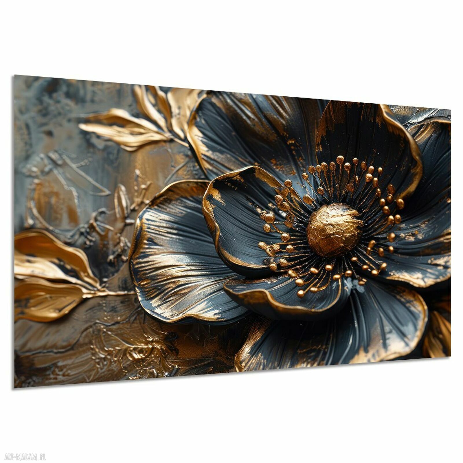 Czarno-złoty obraz kwiaty glamour 120x80 cm
