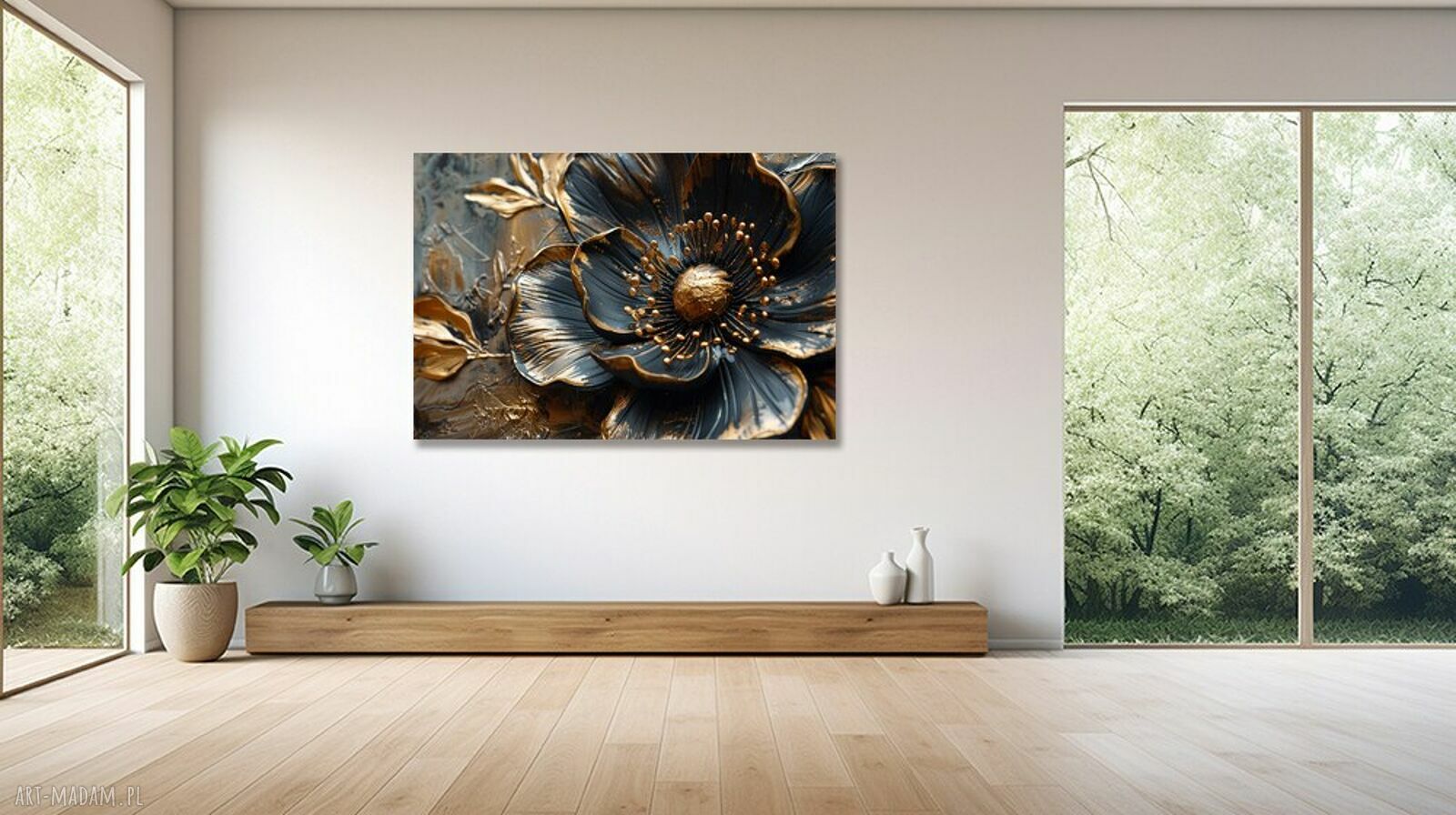 Czarno-złoty obraz kwiaty glamour 120x80 cm