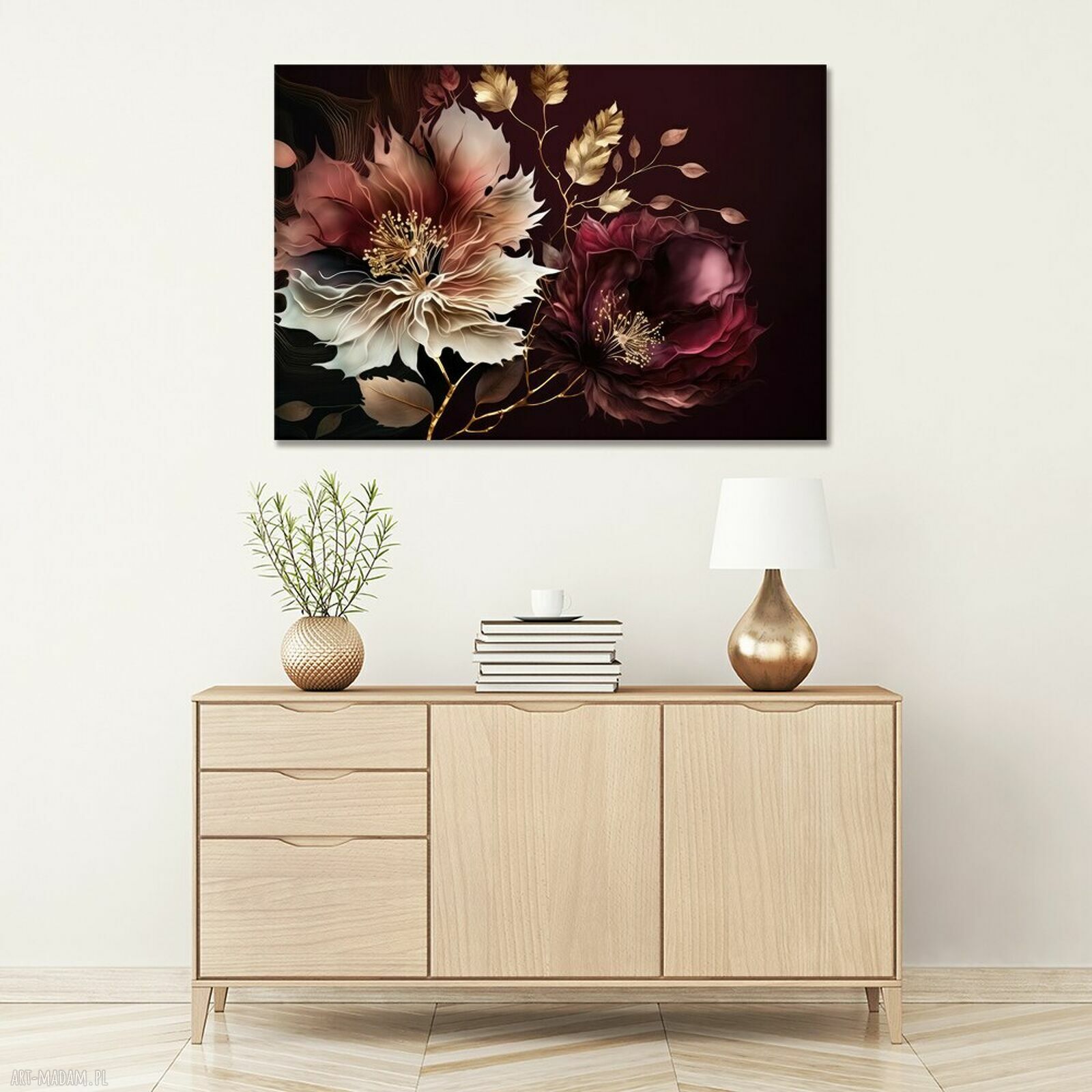 Obraz kwiaty glamour na płótnie 120x80 cm - burgund, biel i złote liście