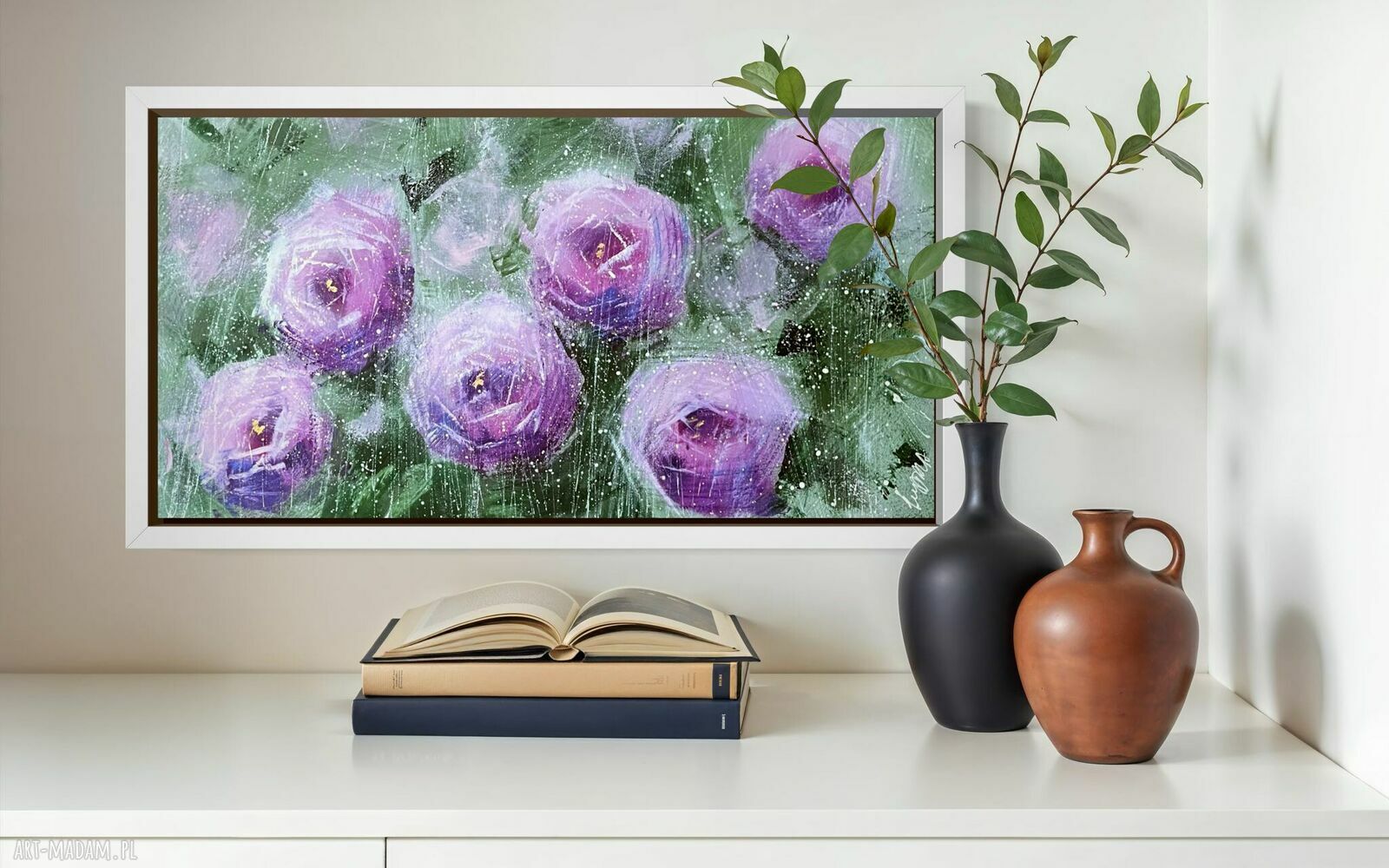 Obraz Kwiaty - Czułość - ręcznie malowany akrylowy na płótnie 32 x 62 cm