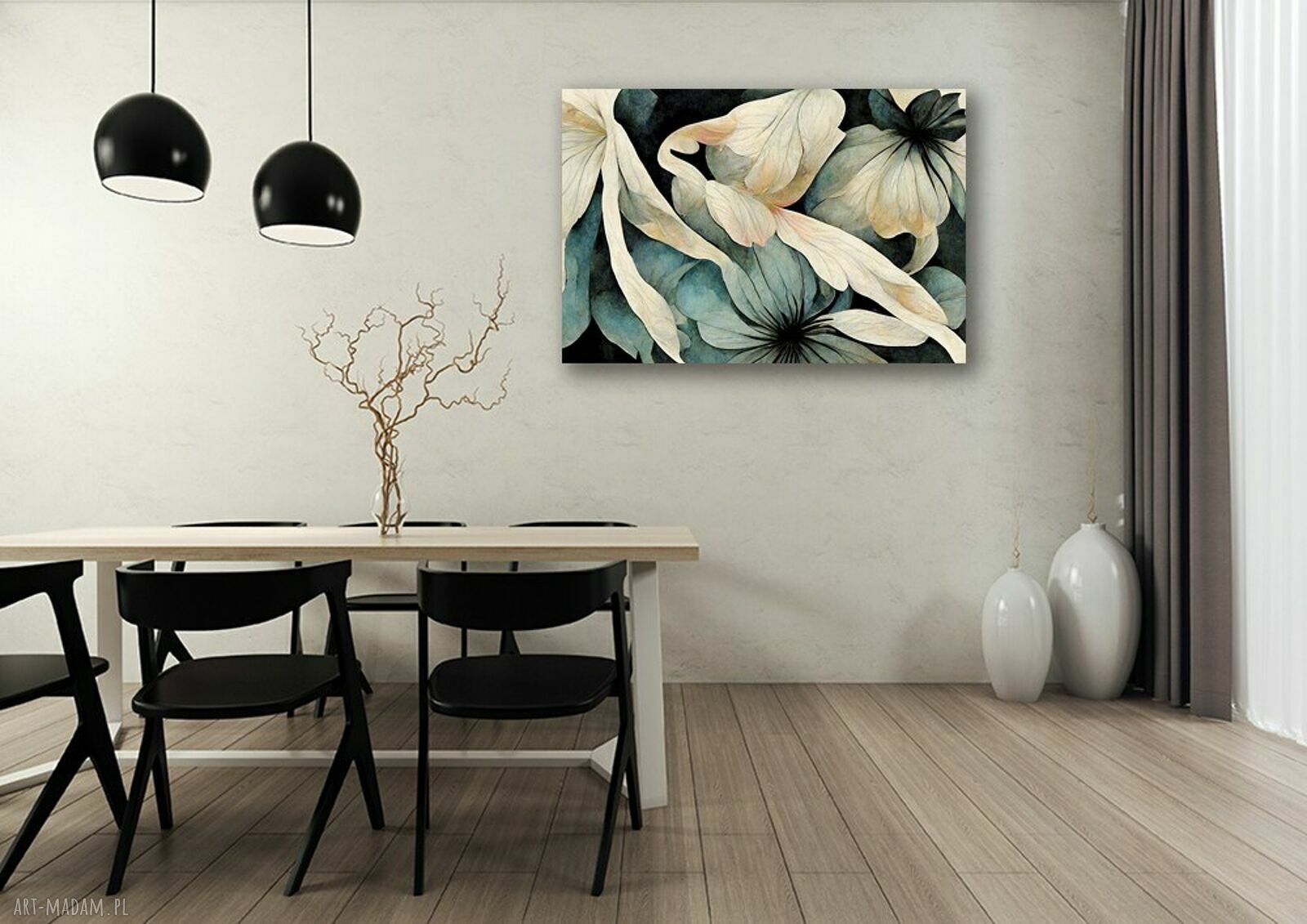 Obraz kwiaty na płótnie w odcieniach beżu i szałwii 120x80 cm