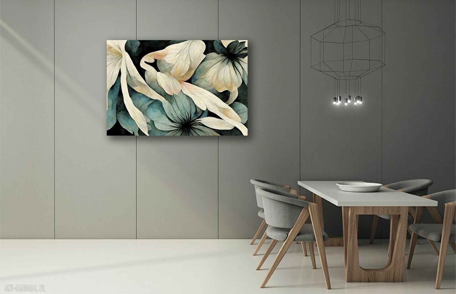 Obraz kwiaty na płótnie w odcieniach beżu i szałwii 120x80 cm