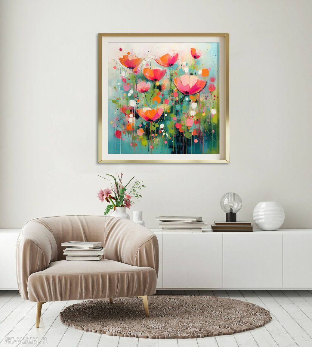 Obraz łąka kwietna - czerwone i pomarańczowe kwiaty 50x50 cm (giclee)