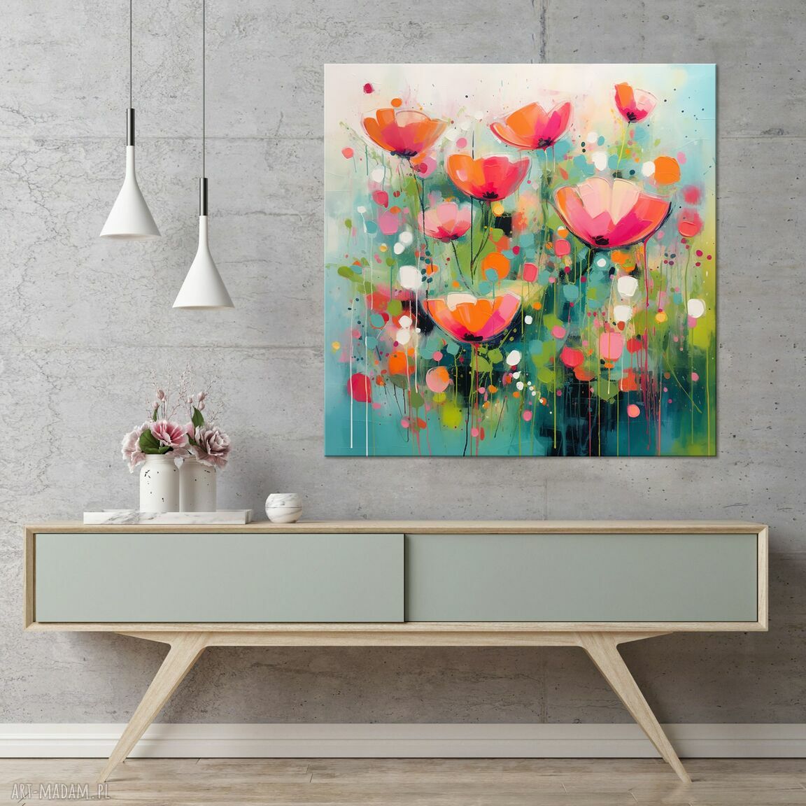 Obraz łąka kwietna - czerwone i pomarańczowe kwiaty 50x50 cm (giclee)