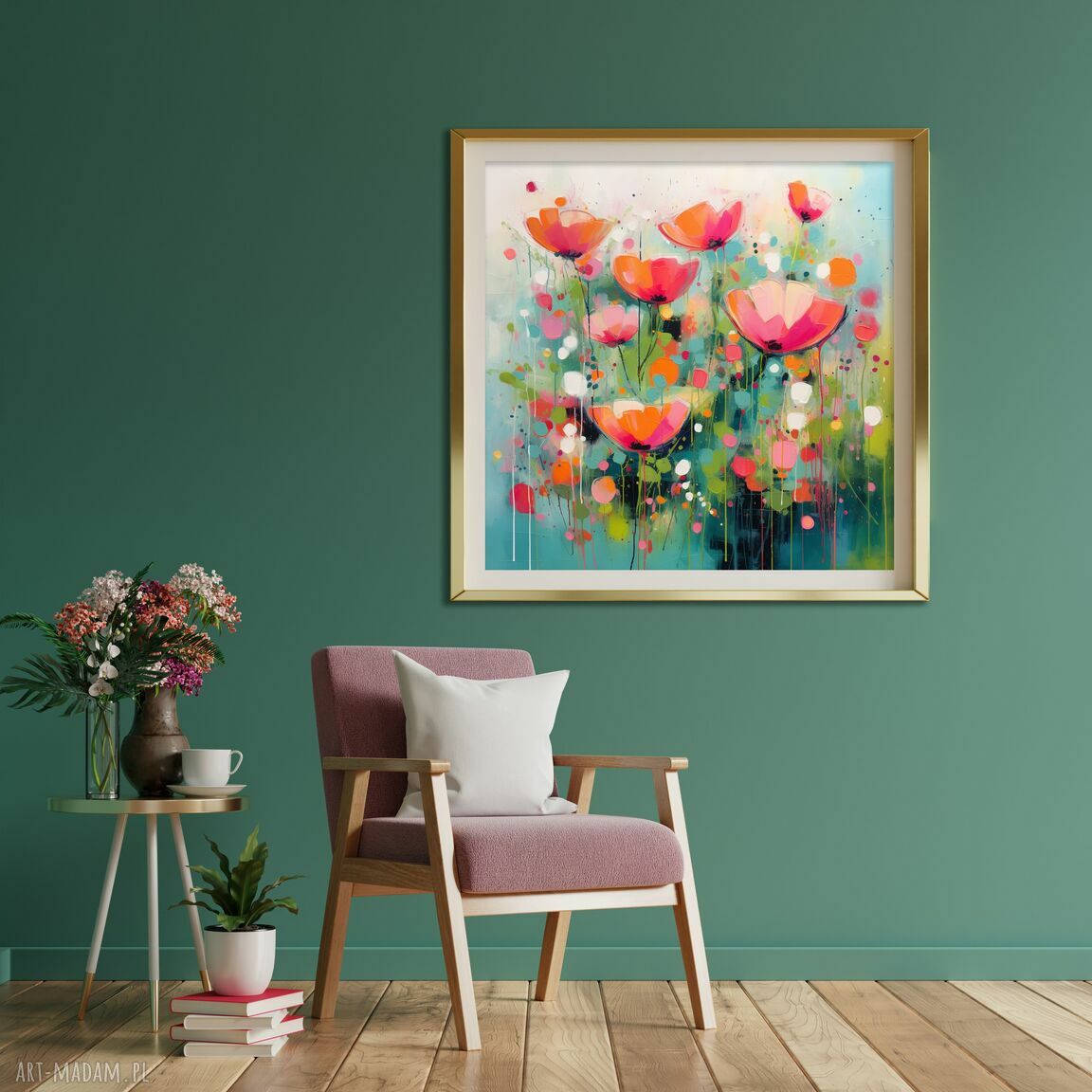 Obraz łąka kwietna - czerwone i pomarańczowe kwiaty 50x50 cm (giclee)