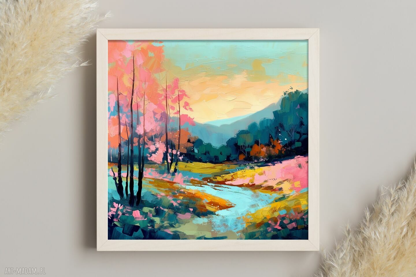 Obraz krajobraz z rzeką 50x50 cm - polana i rzeka, jesienny wydruk artystyczny